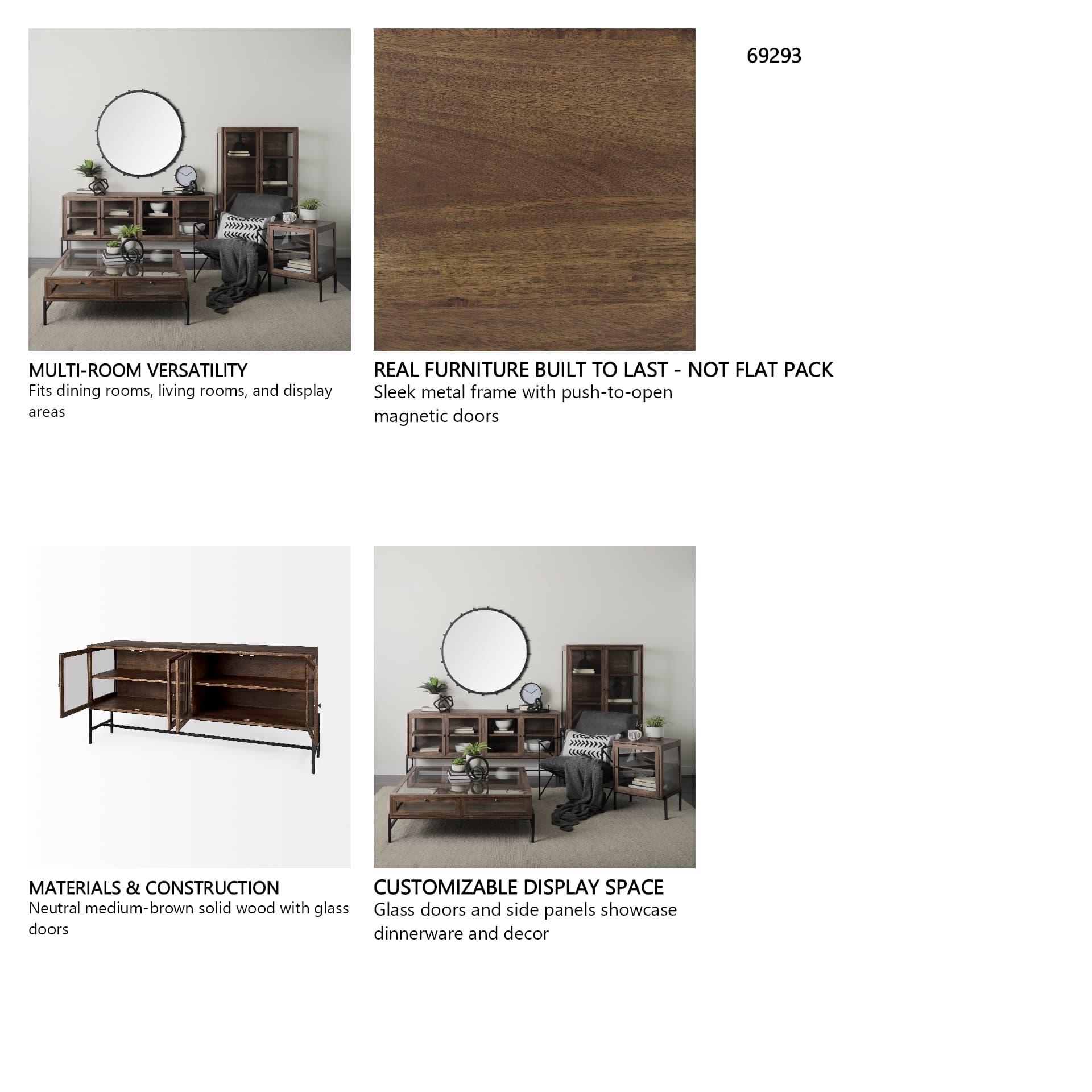 Arelius 70L x 18.75W x 32H Medium Brown, Black Metal Base w/ 4 Glass Door Cabinets Sideboard — in a styled room