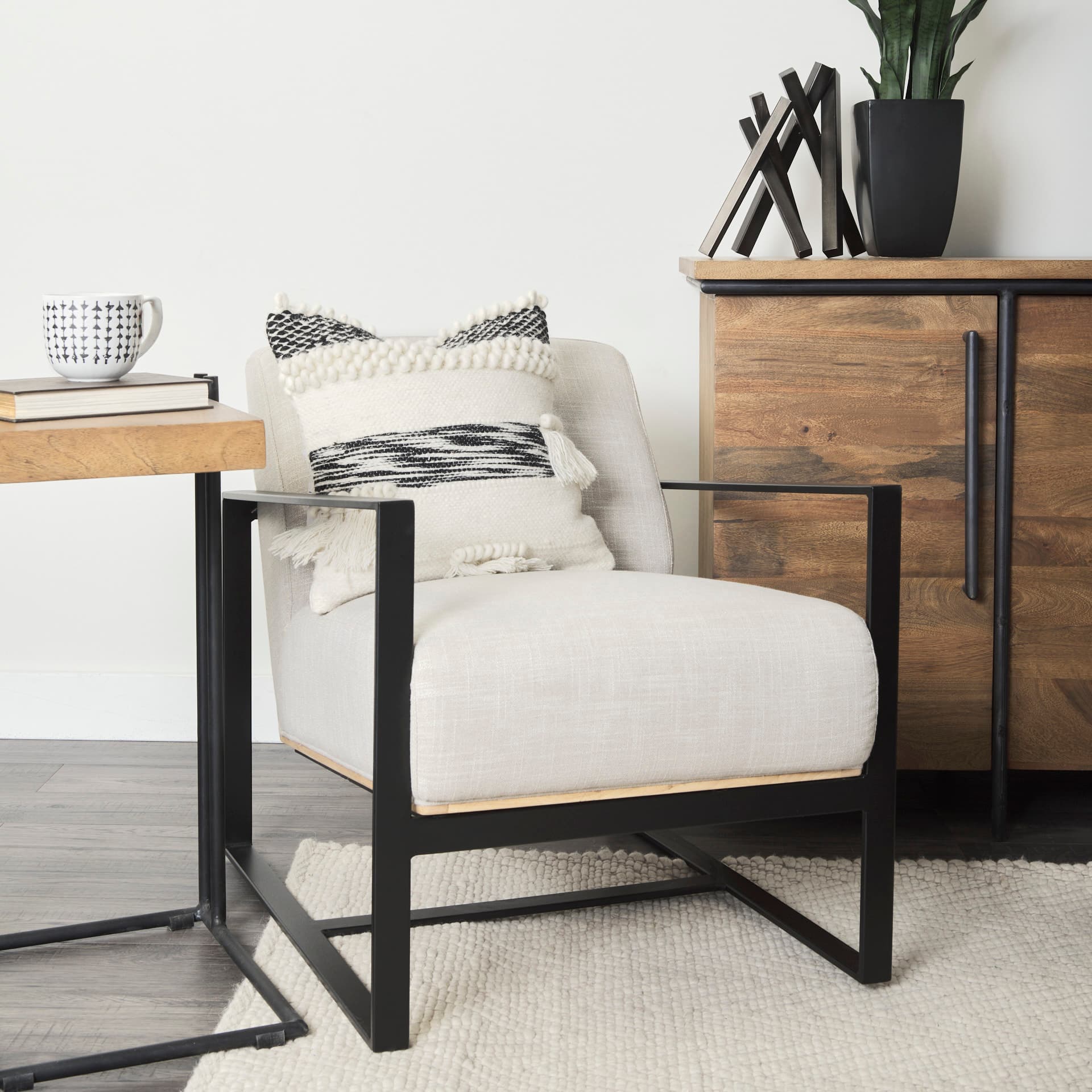 Stamford Light Beige Upholstered Seat w/ Wood Back, Metal Frame Accent Chair — product photograph