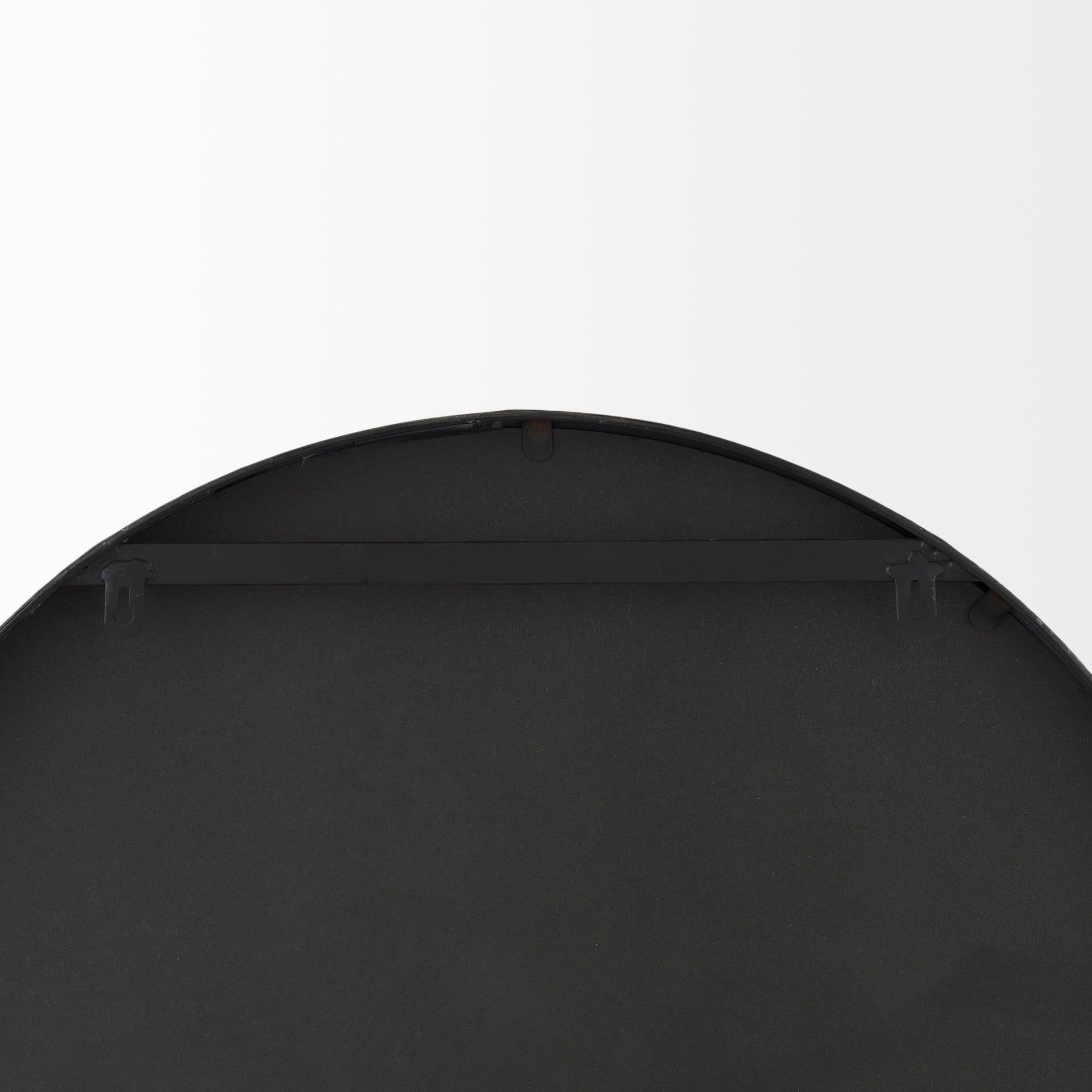 Cora 24.0L x 3.9W x 40.0H Black Metal Frame W/ Brown Wooden Shelf Arched Wall Mirror — product photograph