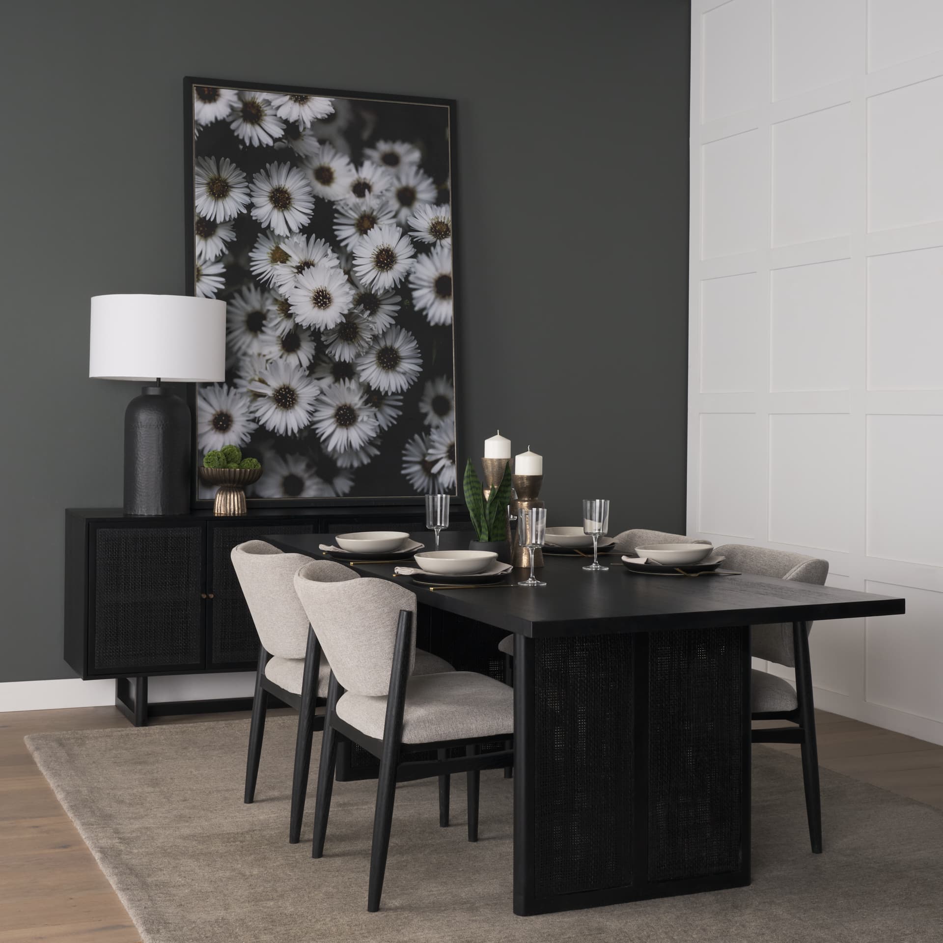 Grier 84"L x 38"W Dining Table | Modern | Black Wood & Black Wood/Cane | Seats 8 — product photograph