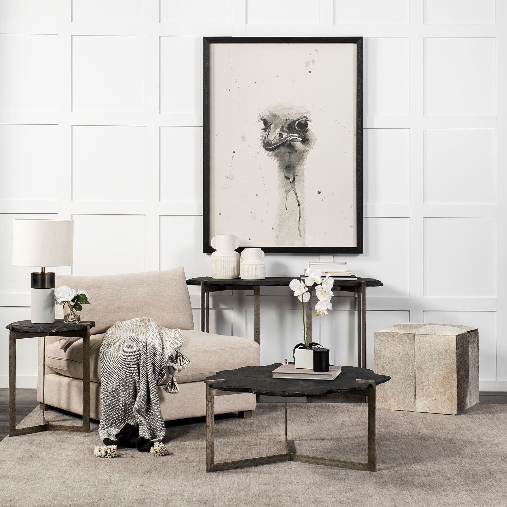 Shale III 50L x 20W Black Live-Edge Slate and Iron Console Table — in a styled room