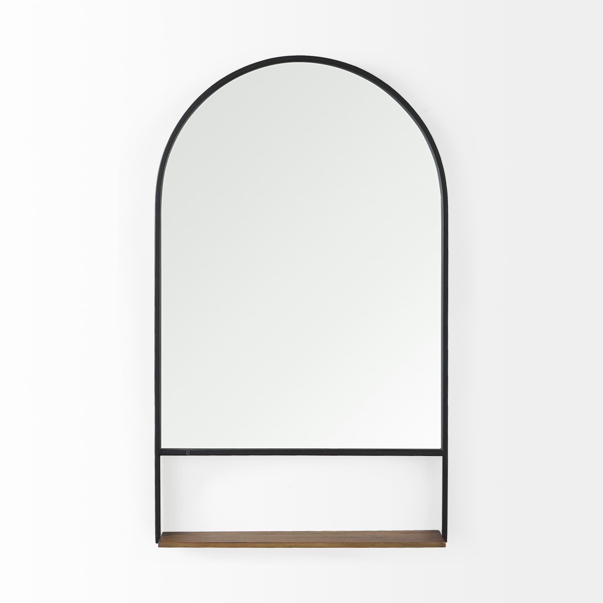 Cora 24.0L x 3.9W x 40.0H Black Metal Frame W/ Brown Wooden Shelf Arched Wall Mirror — product photograph