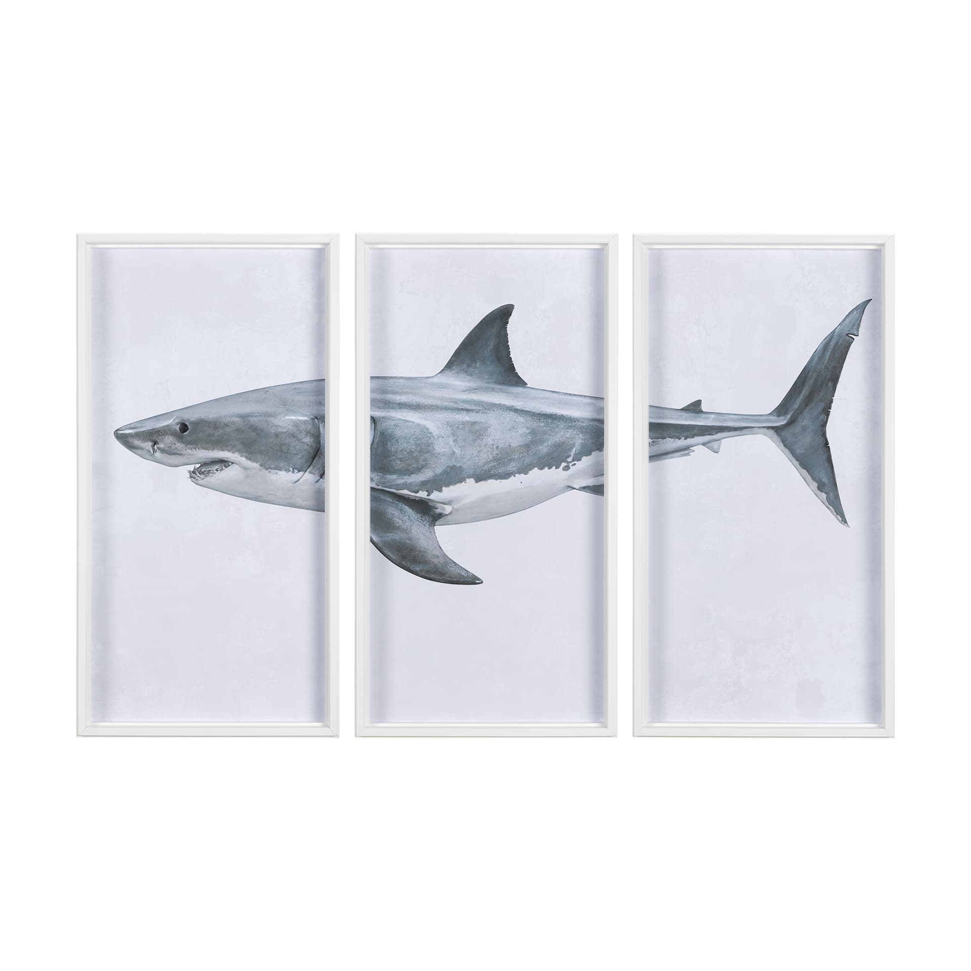 Great White Shark by Ariana a Triptych Hand Embellished Textured Framed Art Print Matted under Glass — product photograph