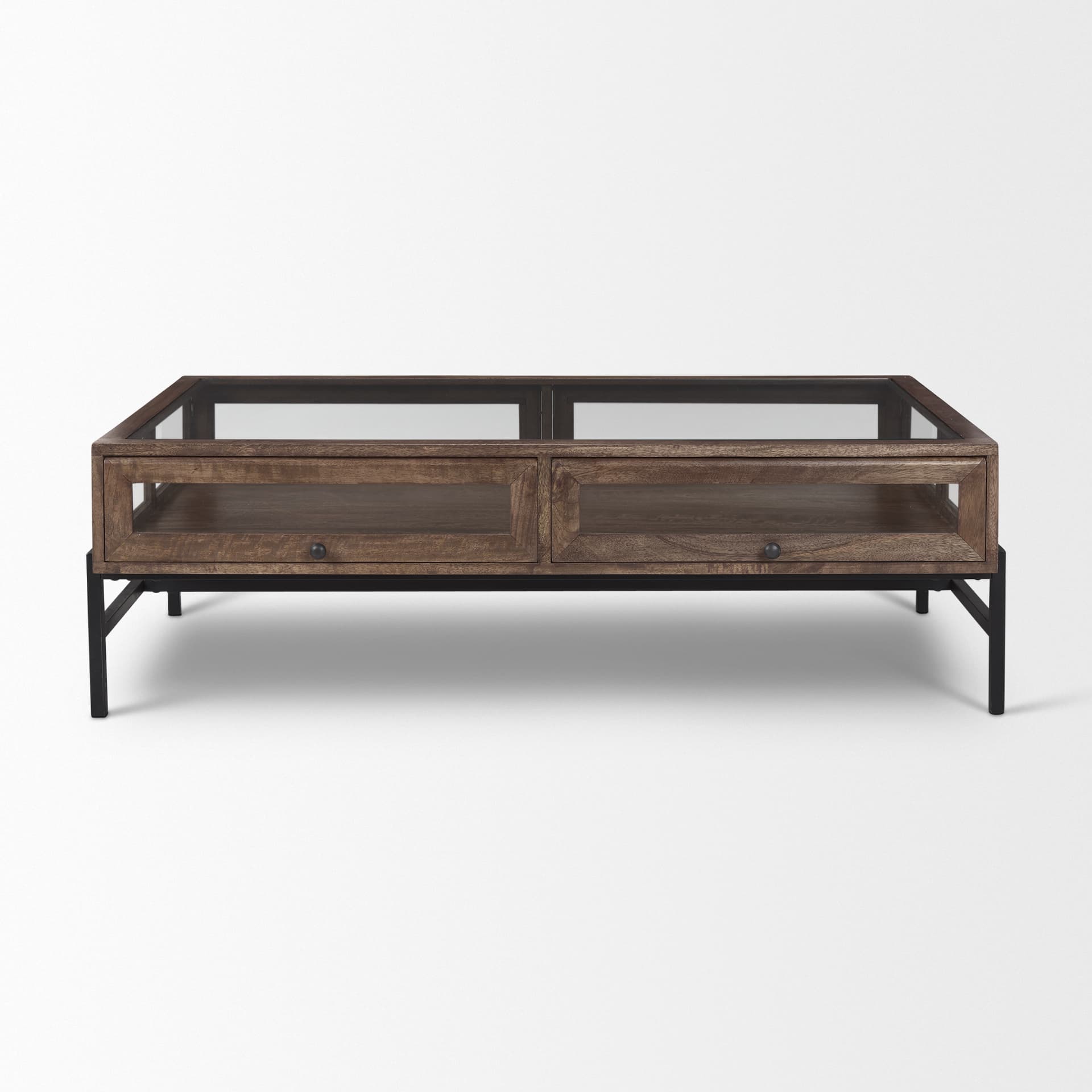Arelius 49.5"L Rectangular Glass-Top Medium Brown Wood w/ Black Metal Base Display Coffee Table — product photograph