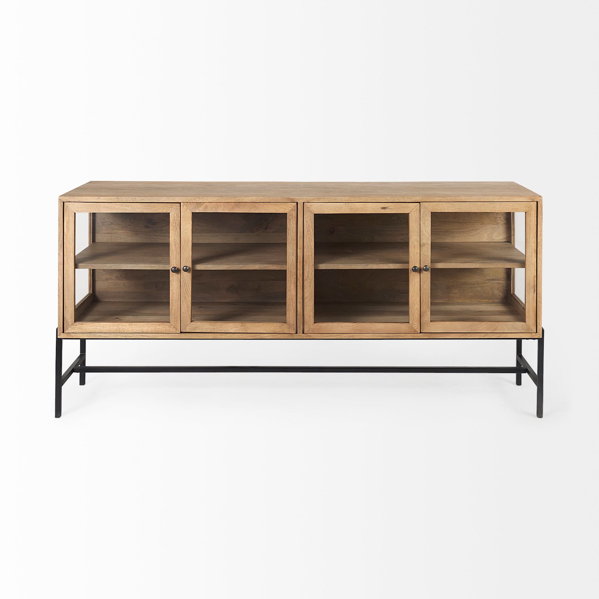 Arelius 70L x 18.75W x 32H Light Brown Wood, Black Metal Base w/ 4 Glass Cabinet Doors Sideboard — product photograph