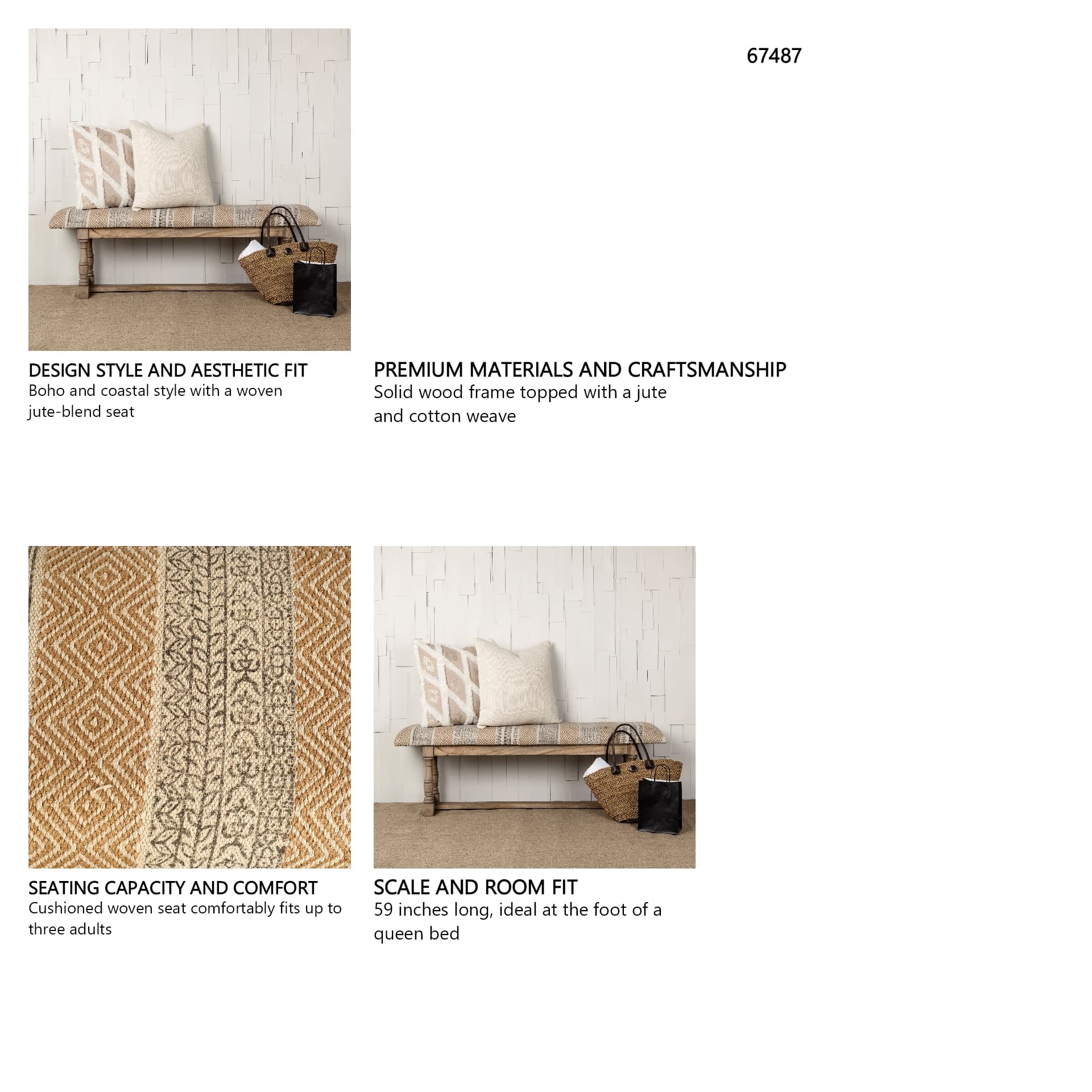 Greenfield II 59L x 14W Patterned Tan Upholstered Wood Frame Accent Bench — in a styled room