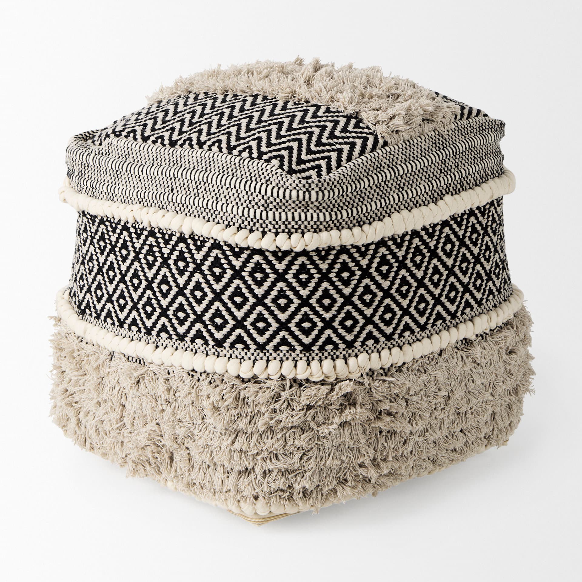 Darika 16.0L x 16.0W x 16.0H Black/White/Gray Cotton Pouf — product photograph