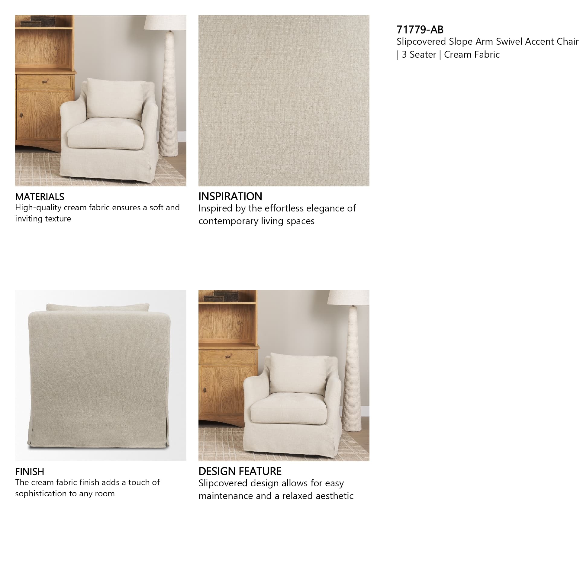 Ellington Slipcovered Slope Arm Swivel Swivel Accent Chair | Cream Fabric — product photograph