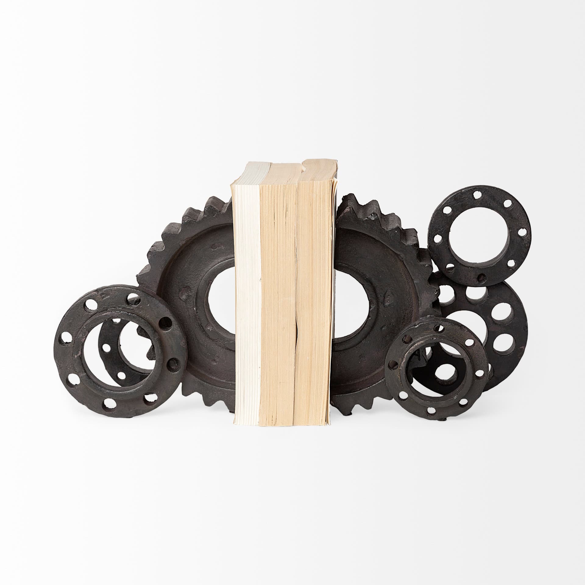 Cogsworth Set of 2 14L x 4W Brown Resin Industrial Gear Bookends — product photograph