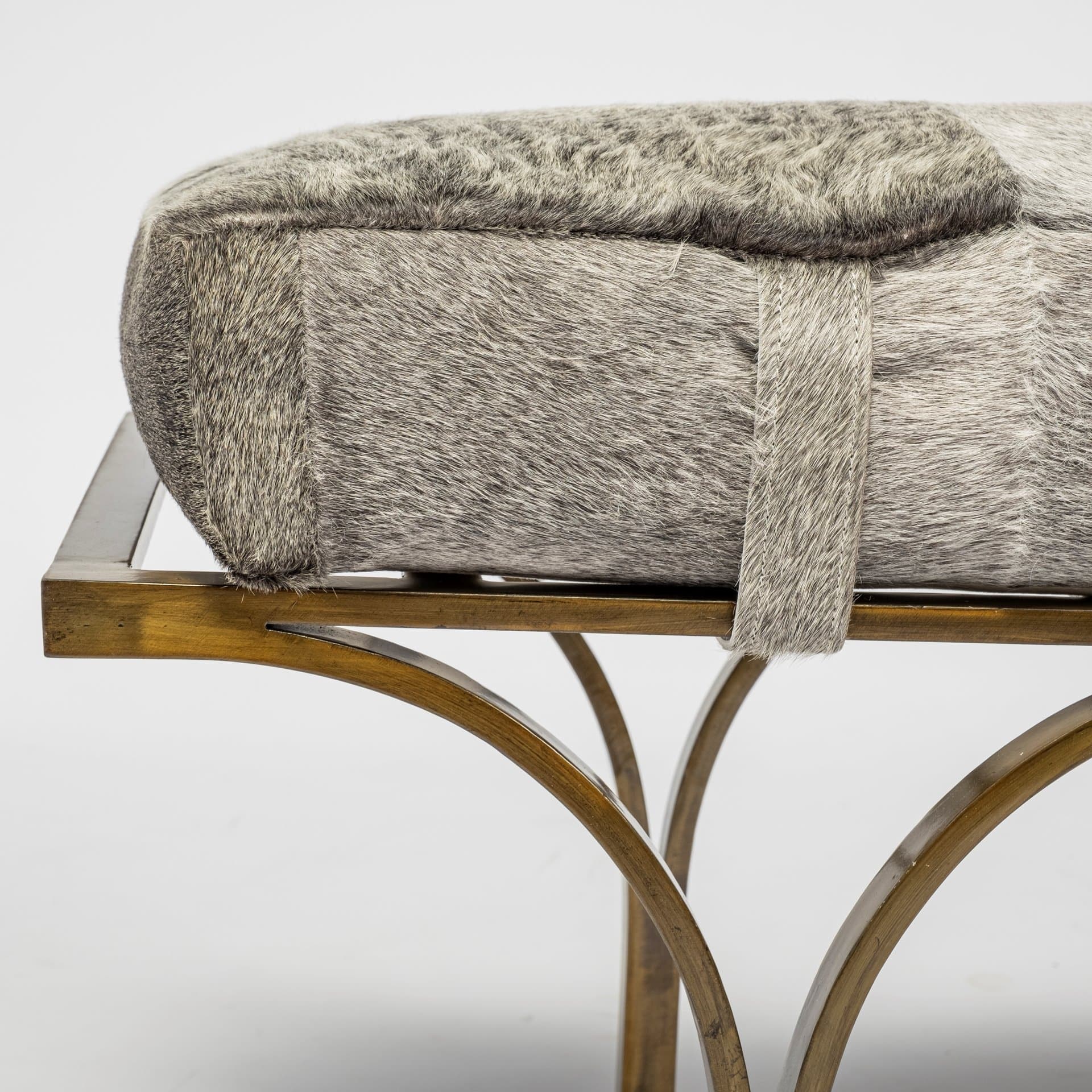 Jessie 55L x 16W White/Gray Hair-On-Hide Seat W/Gold Metal Base Accent Bench — product photograph