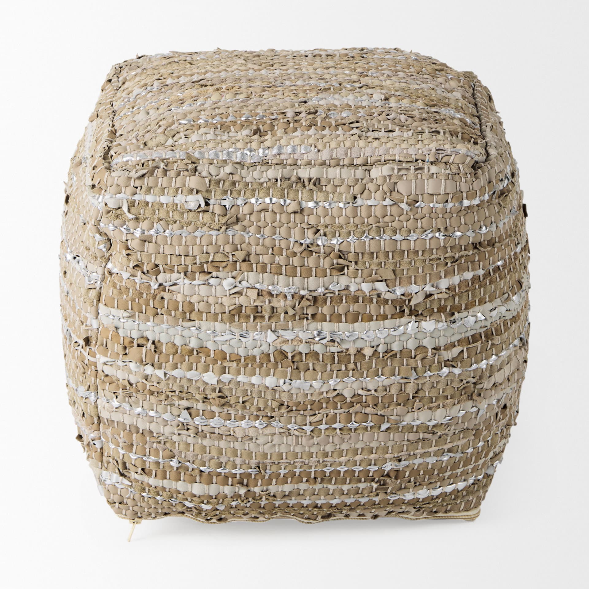 Aadhya 16.0L x 16.0W x 16.0H Taupe/Silver Leather and Cotton Pouf — product photograph