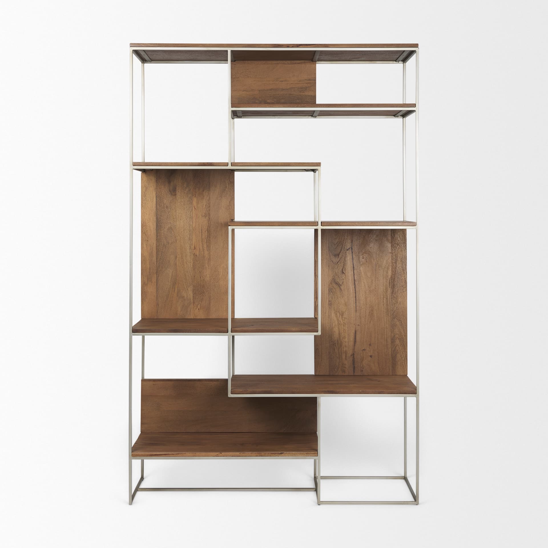 Morris III 47.25 X 15 X 75.5 Brown Wood and Silver Metal Frame 6 Shelf Shelving Unit — product photograph