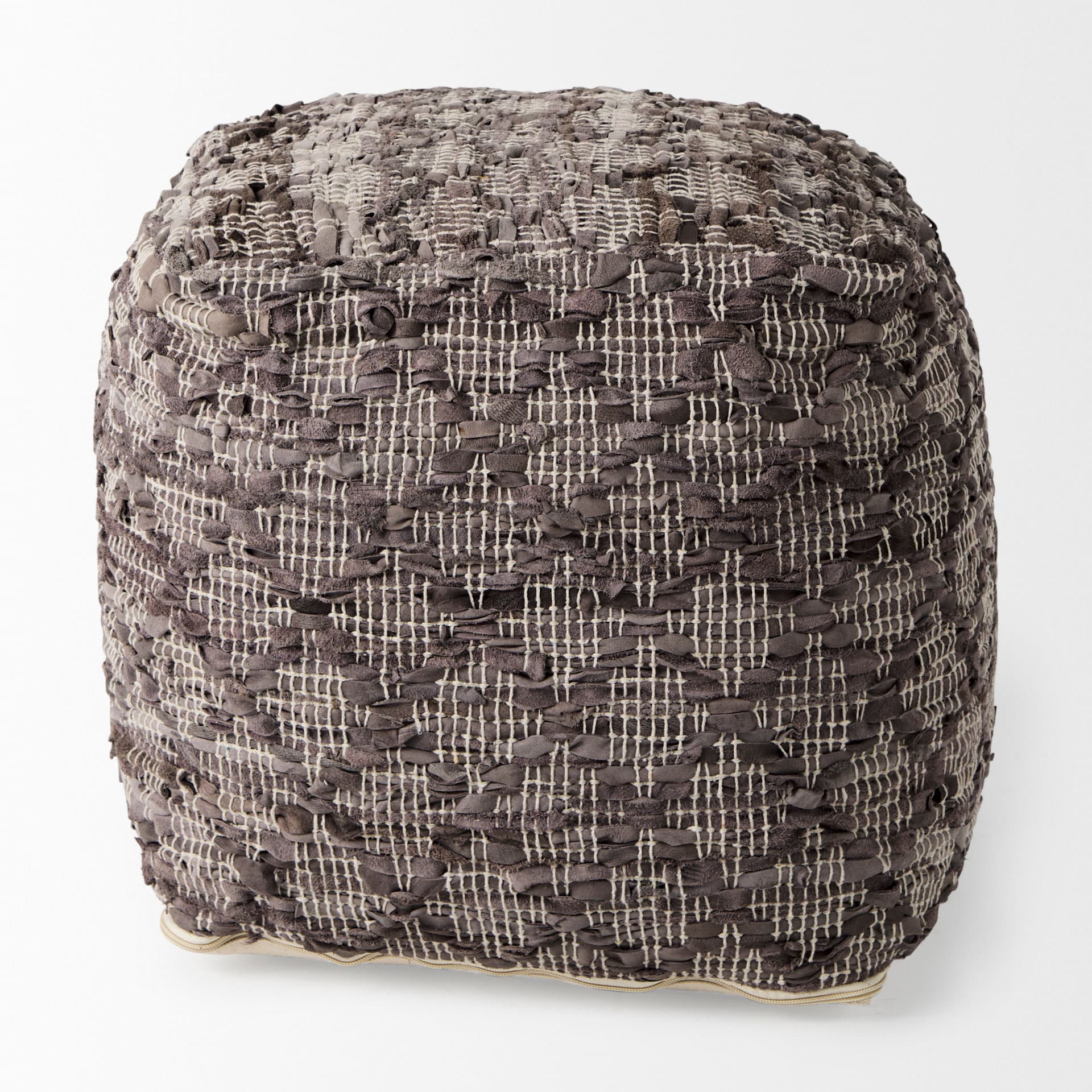 Falguni 16.0L x 16.0W x 16.0H Gray Leather and Cotton Patterned Pouf — product photograph