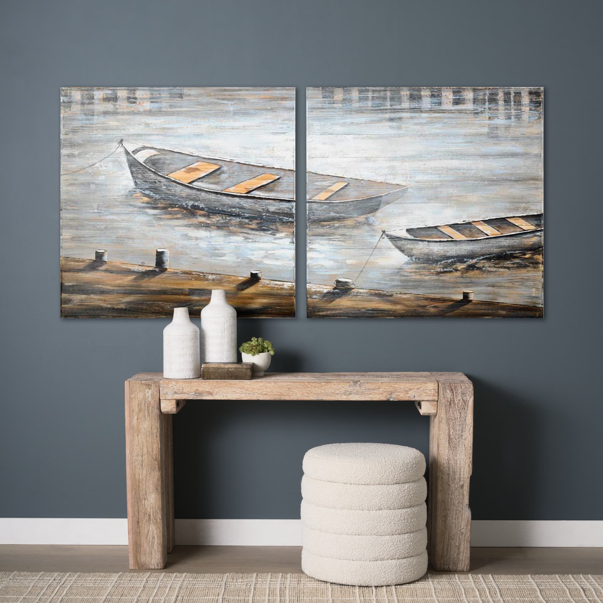 Creekside Diptych 80x40 Boats Original Hand Painted on Wood Oil Painting — in a styled room