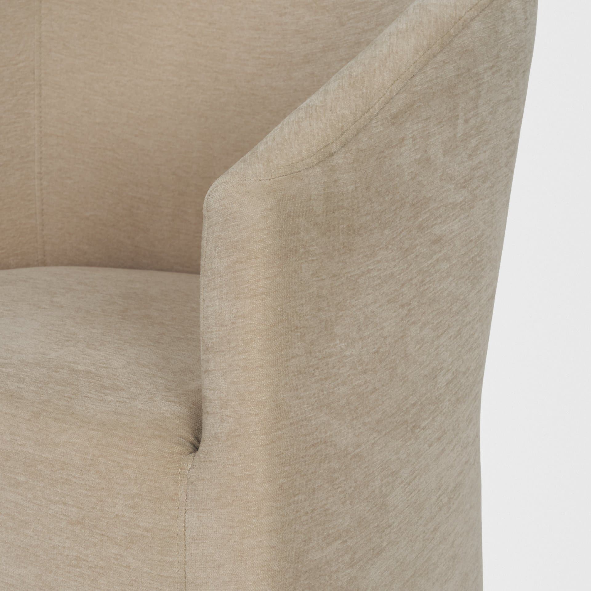 Sondra Barrel Back Dining Arm Chair | Beige Fabric w/ Wood — product photograph