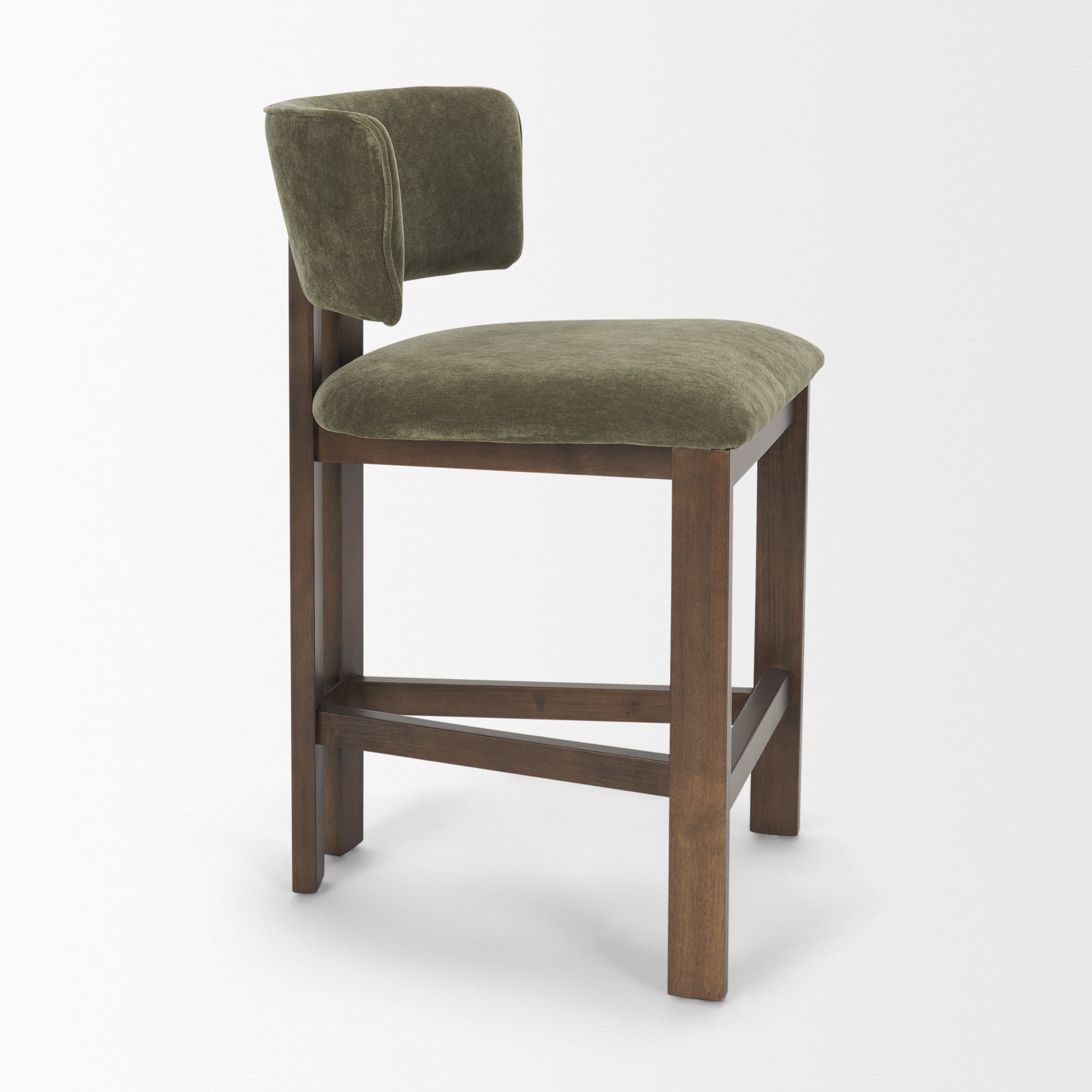 Soho Open Back 35.3in Seat Counter Stool | Olive Fabric w/ Brown Wood — product photograph