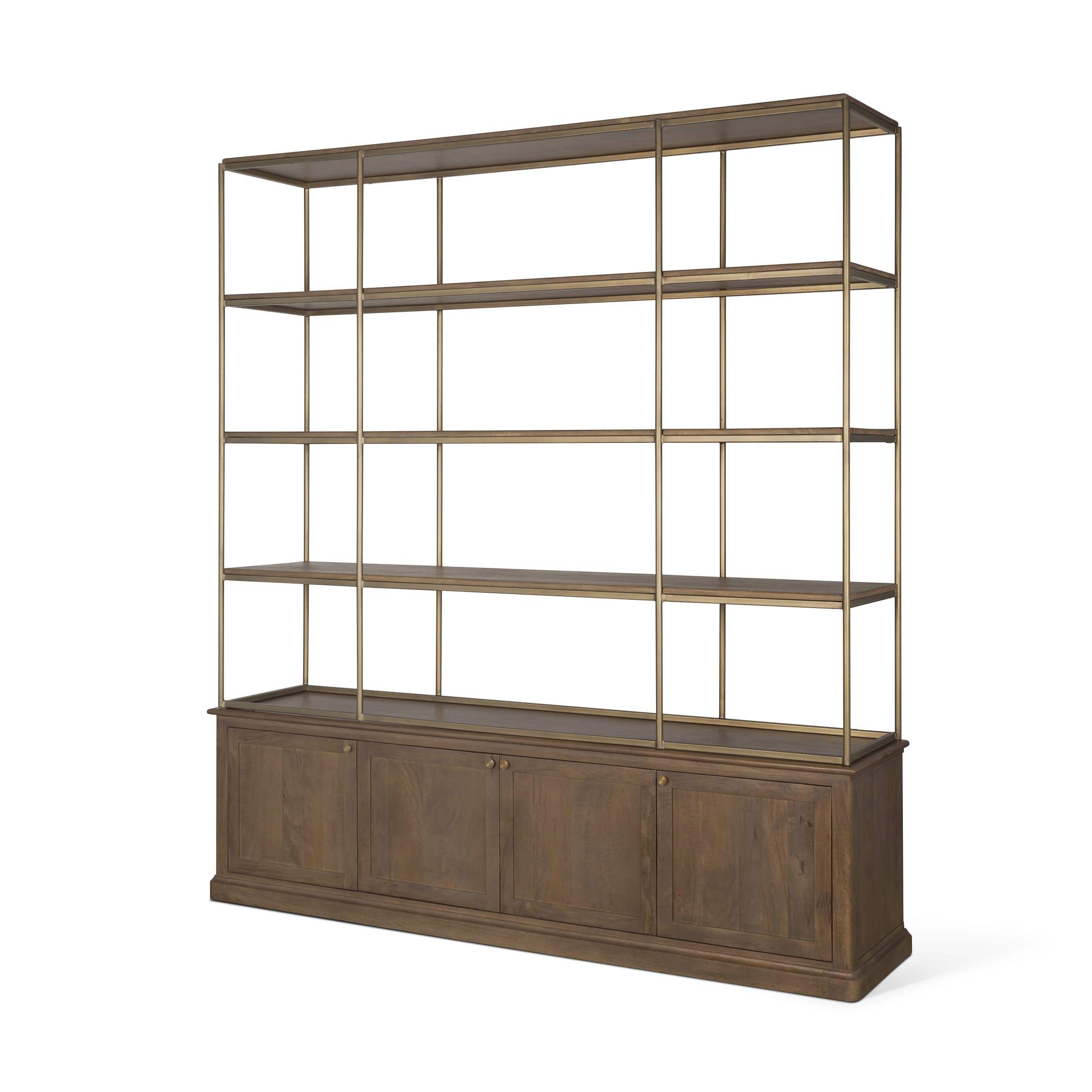 Baron 4-Door Dark Brown Wood w/ Antique Brass Metal Open Shelving Unit — product photograph
