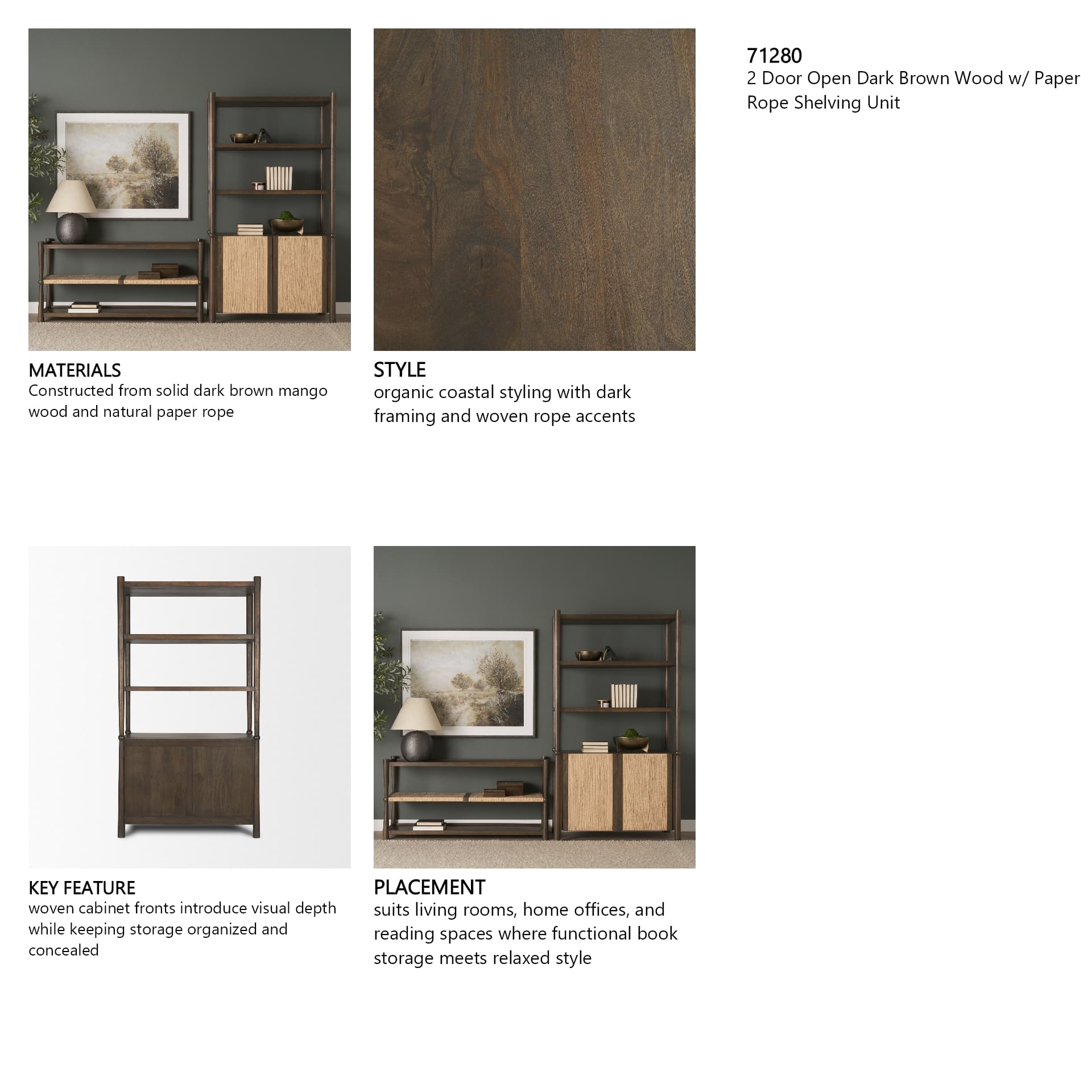 Bondi 2 Door Open Dark Brown Wood w/ Paper Rope Shelving Unit — in a styled room