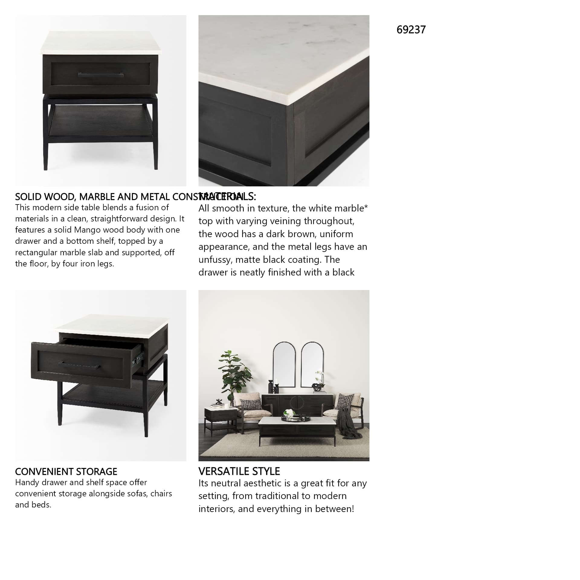 Divina Black-Brown Wood w/ White Marble Top and Black Metal Base 1 Drawer Side Table — in a styled room