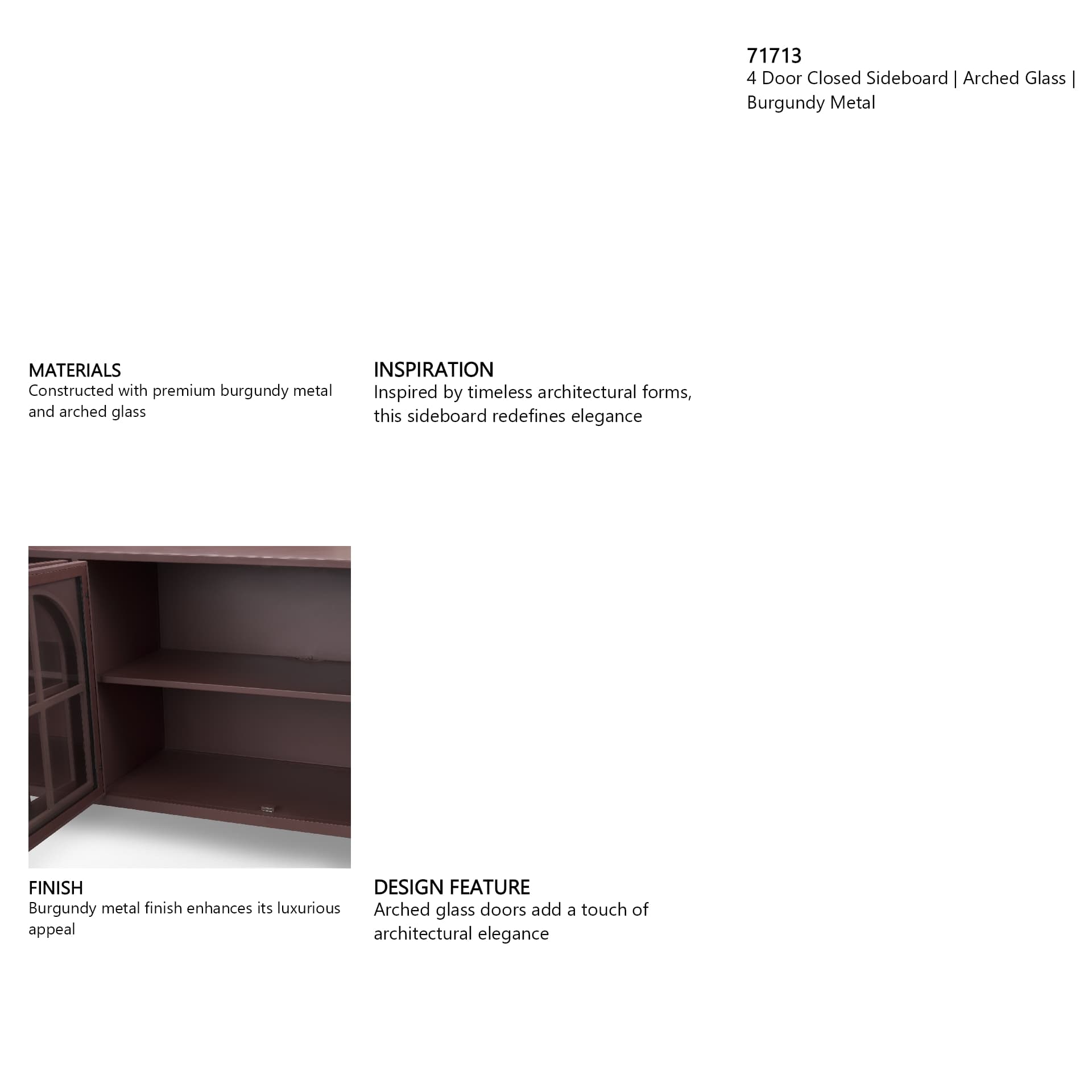 Rousseau 4 Door Closed Sideboard | Arched Glass | Burgundy Metal — in a styled room