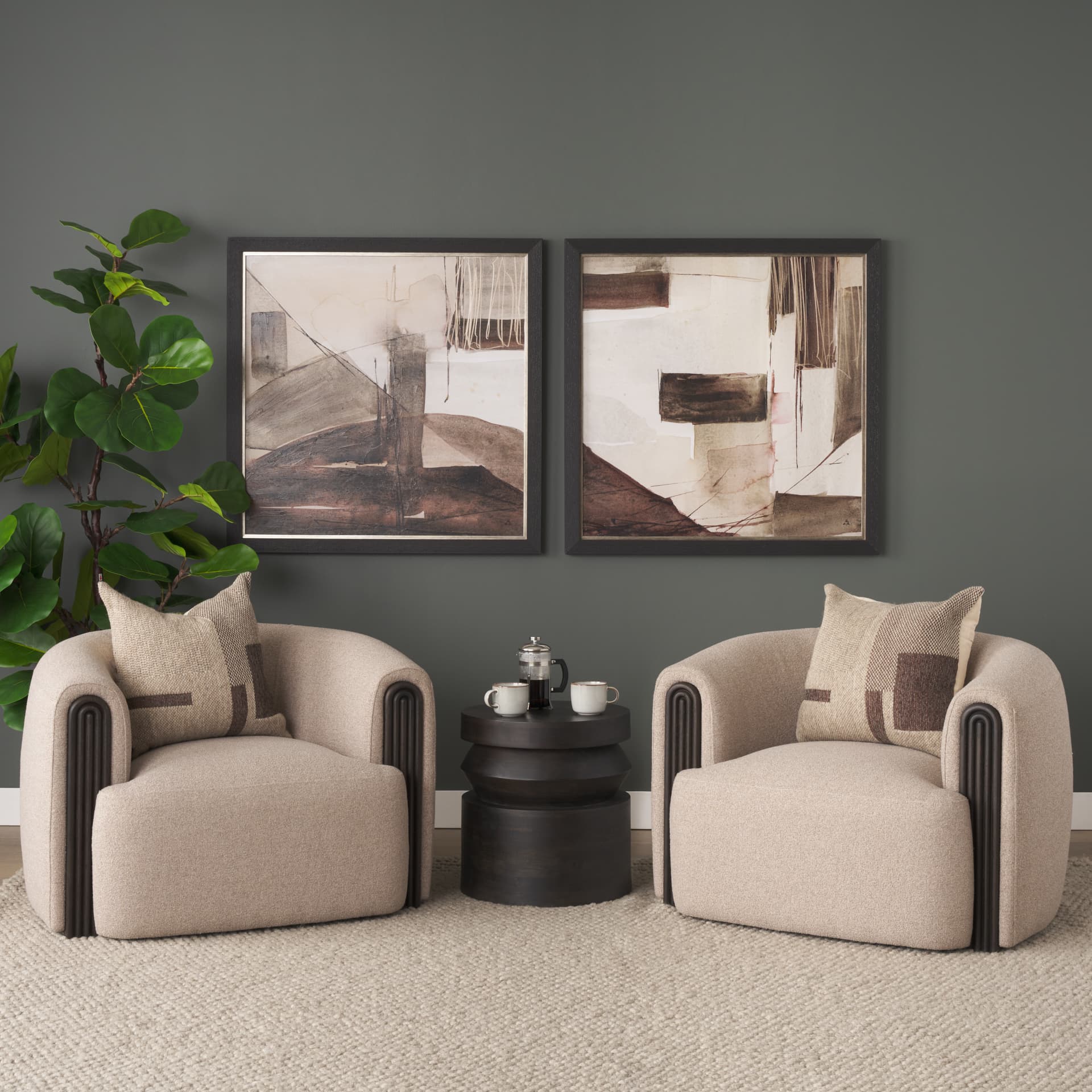 Kornelia Textured Mushroom Fabric Barrel Accent Chair — in a styled room
