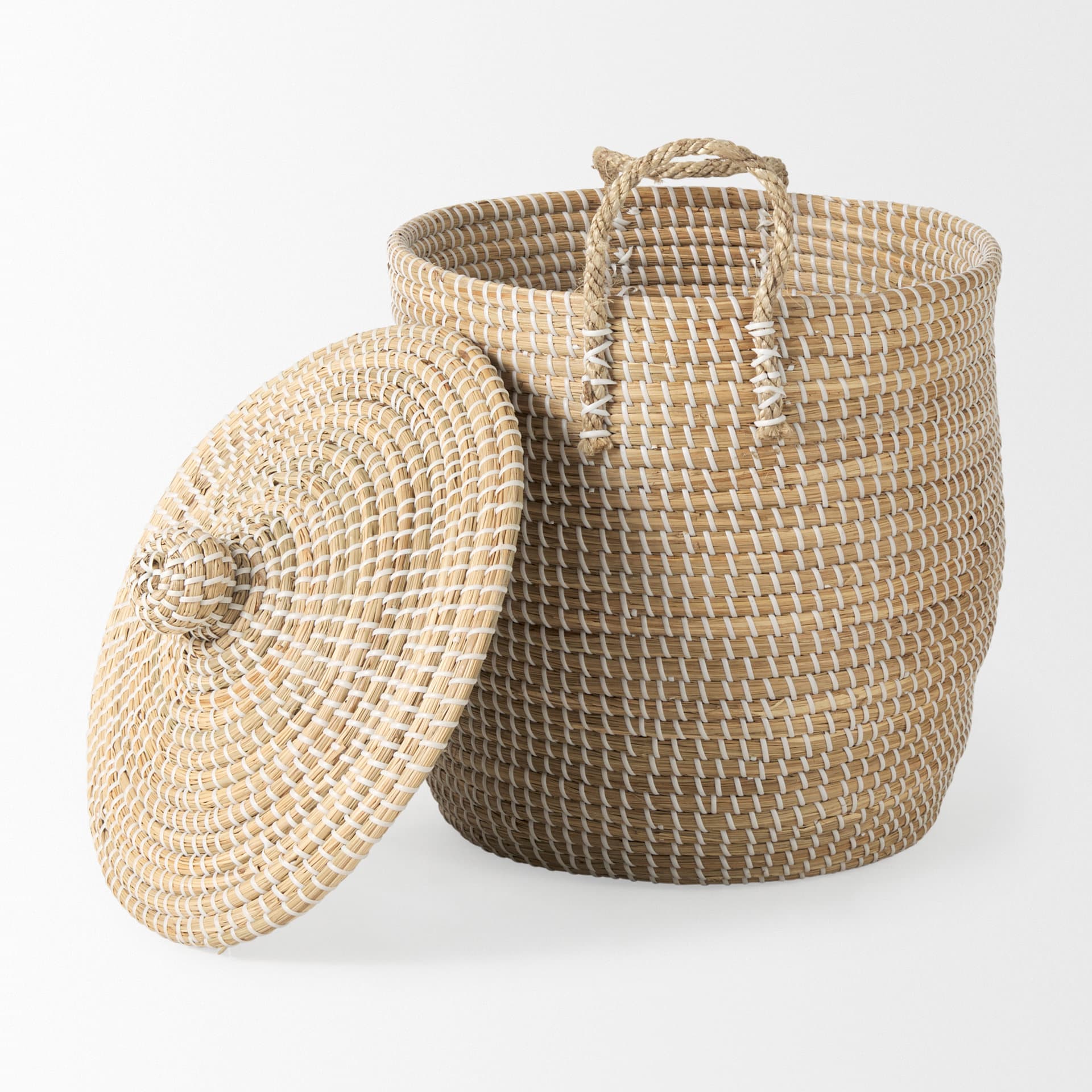 Olivia 15.7L x 15.7W x 17.3H Set of 3 Beige Seagrass Basket W/Lid and Handles — product photograph