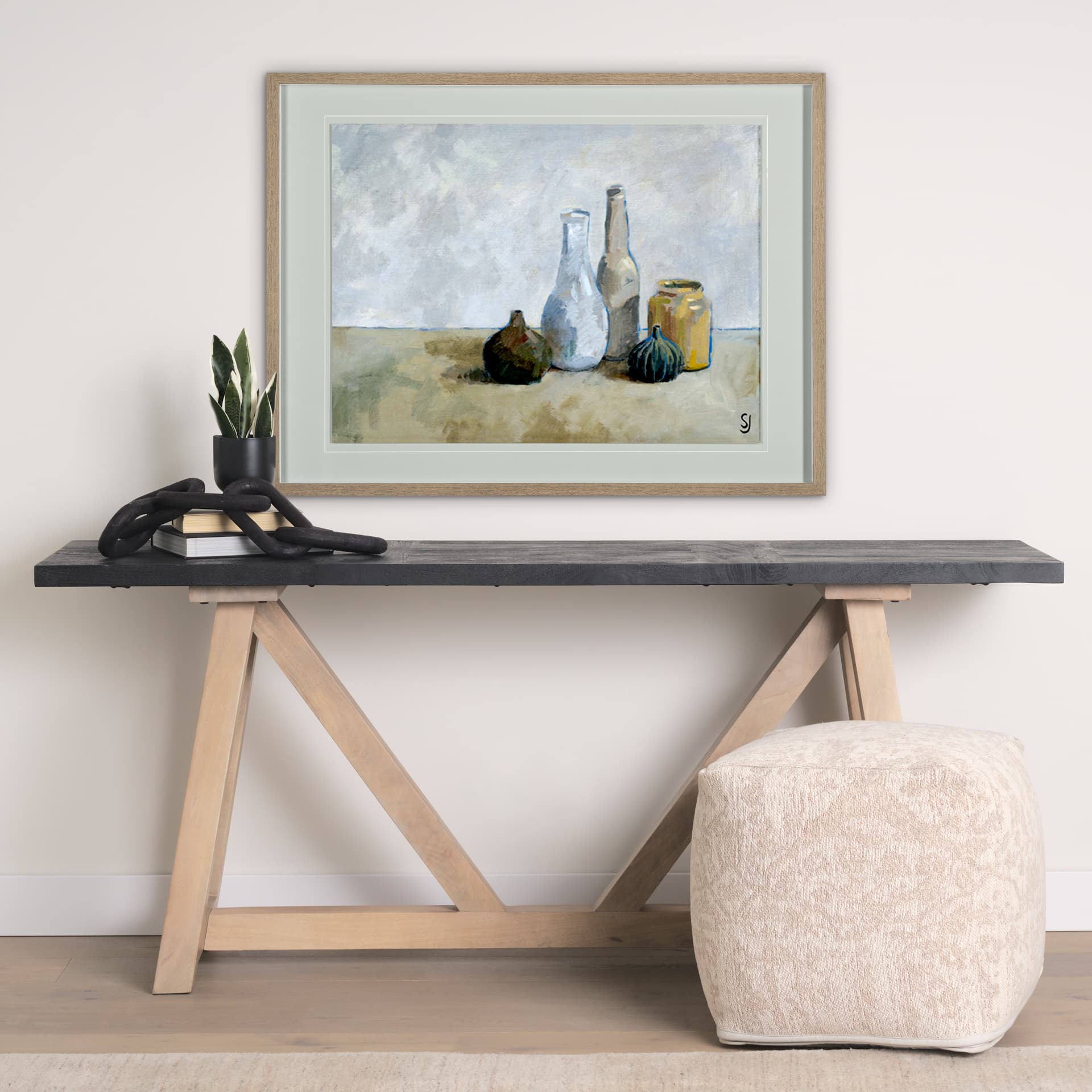 A Collection of Bottles by Steven Johnson Hand Embellished Framed Art Photo Matted under Glass — in a styled room