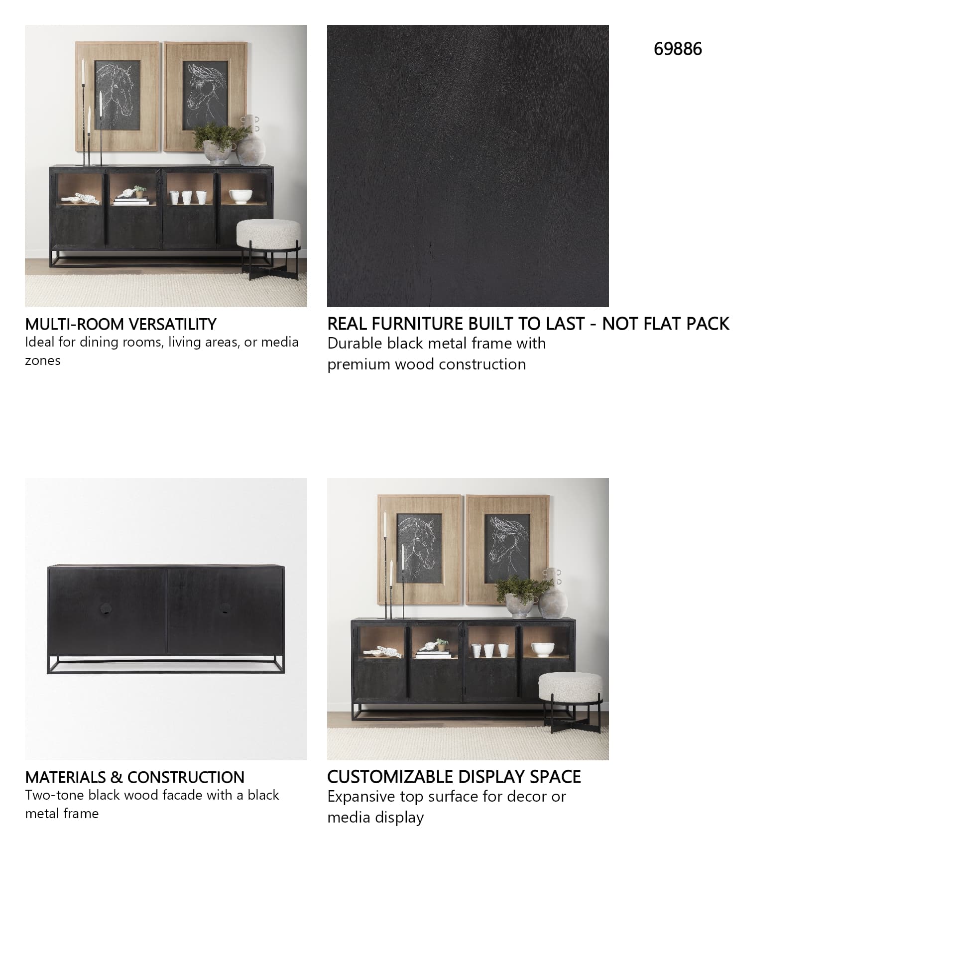 Sloan 80.0L x 17.0W x 36.0H Black Wood W/Black Metal Frame Sideboard — in a styled room