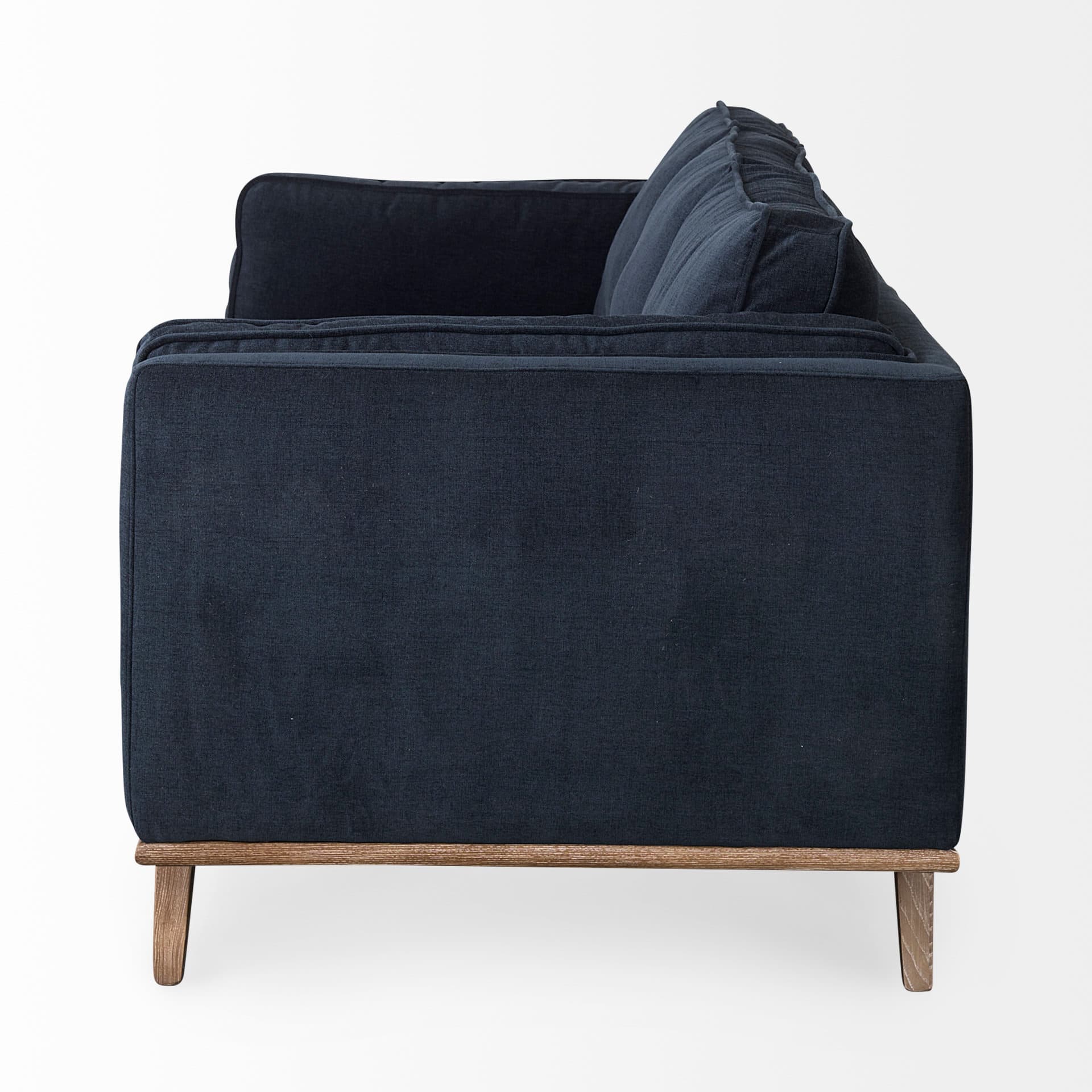 Brooks 90.2L x 34.8W x 33.5H Navy Blue Fabric Three Seater Sofa W/ Medium Brown Wooden Legs — product photograph
