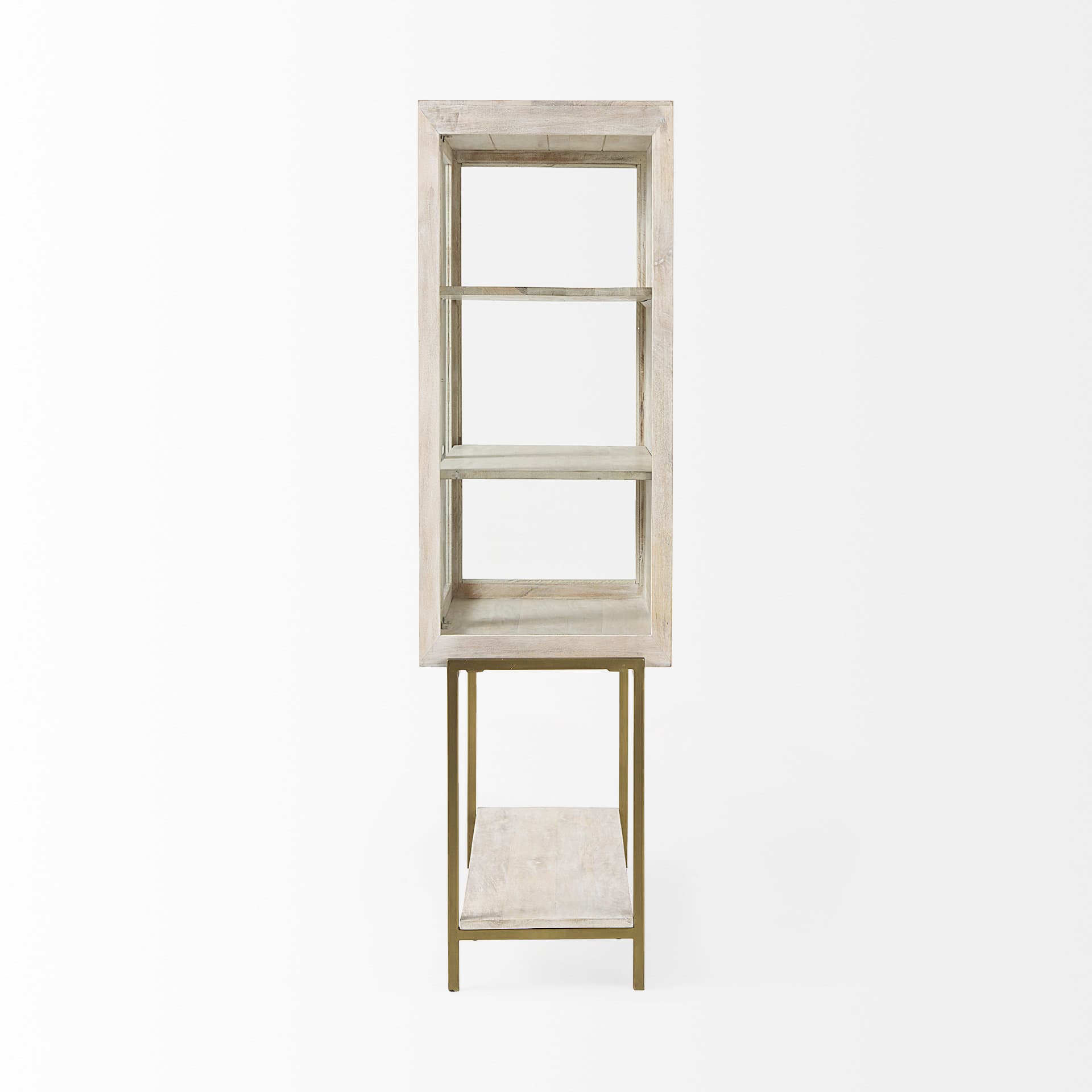 Arelius 36L x 18.75W x 63H White Wood W/ Gold Metal Base Display Cabinet — product photograph