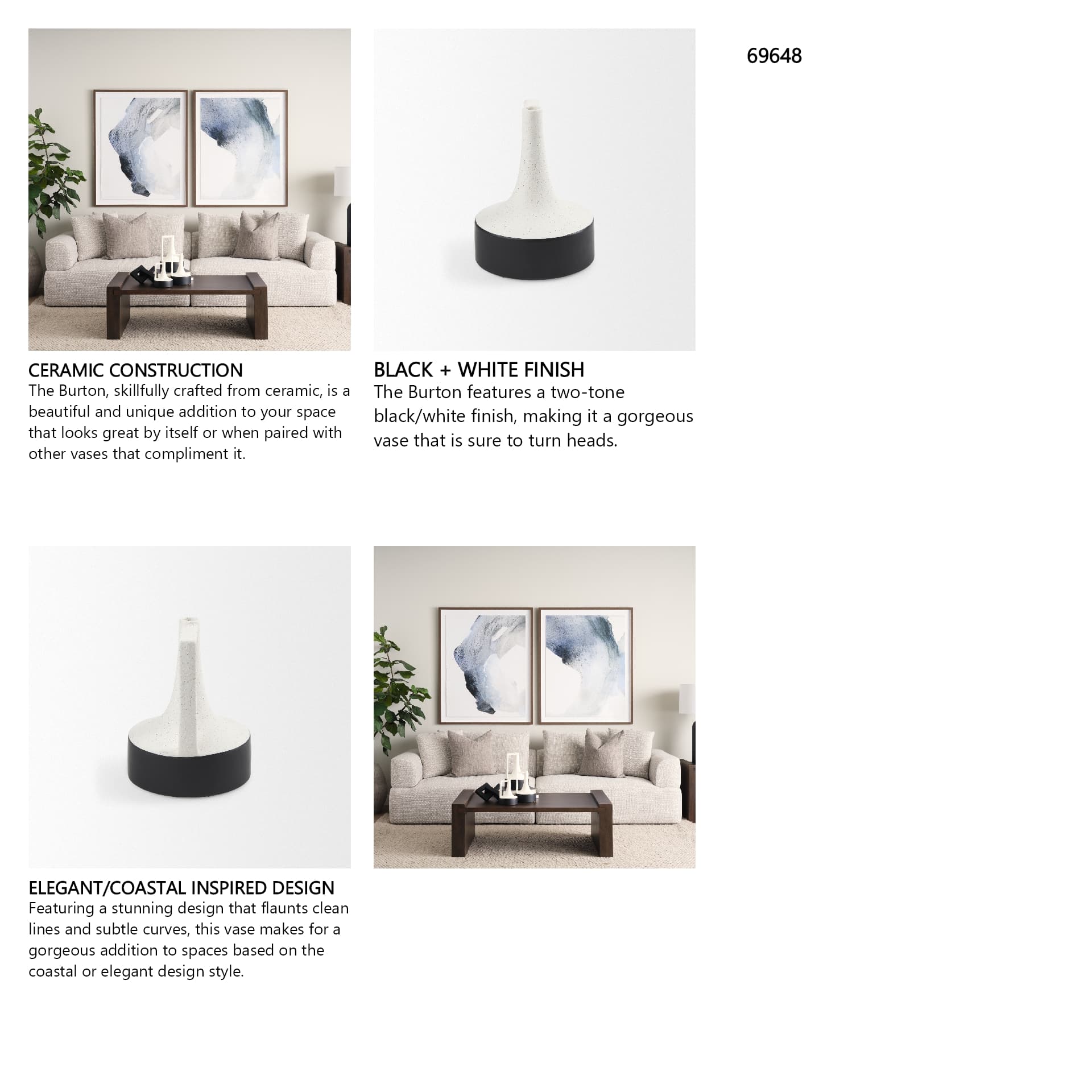 Burton 8.3H Small White and Black Ceramic Jug Vase — in a styled room