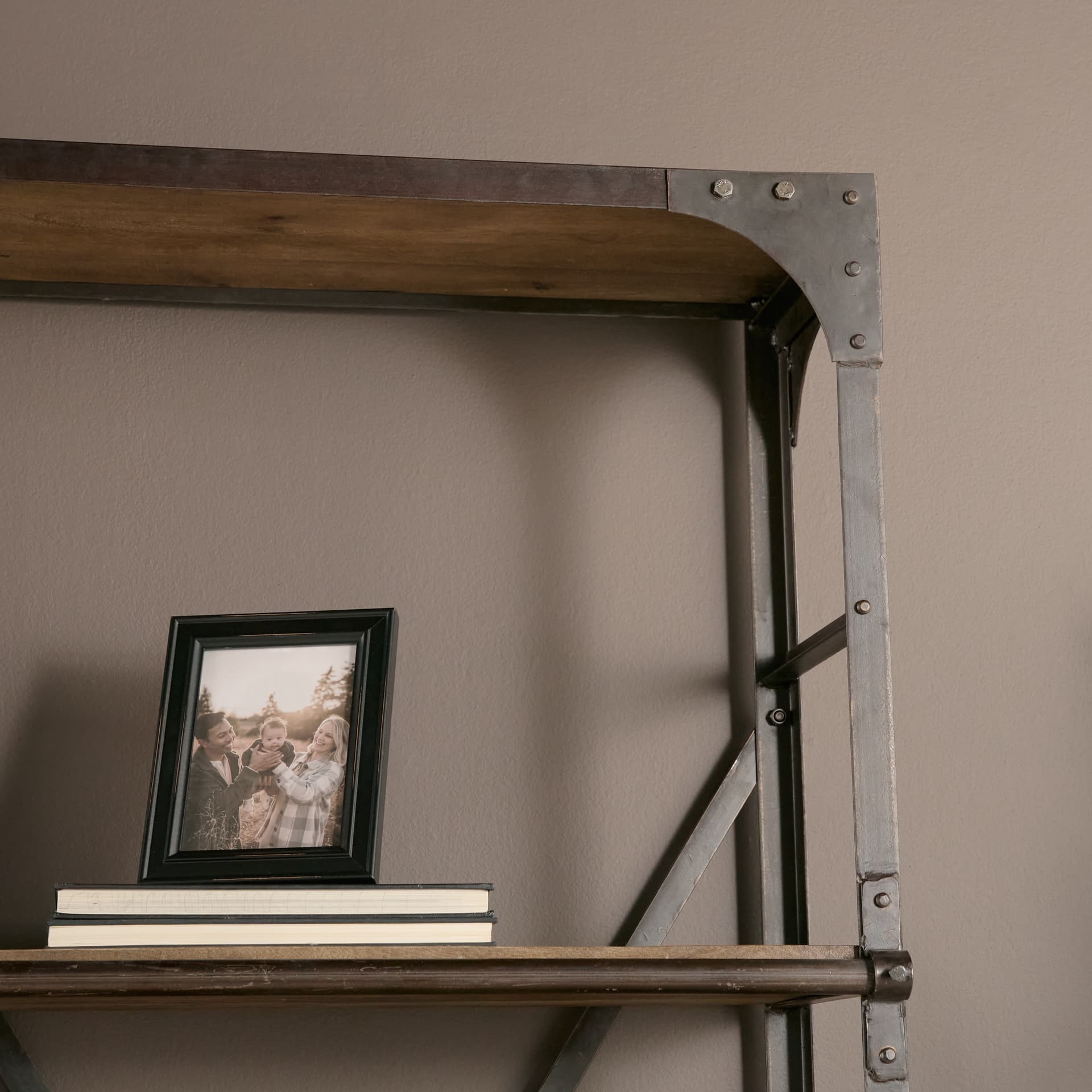 Brodie VII 32L x 22W x 94H Brown Wood Gun-Metal Bracing Four Shelf Shelving Unit — product photograph