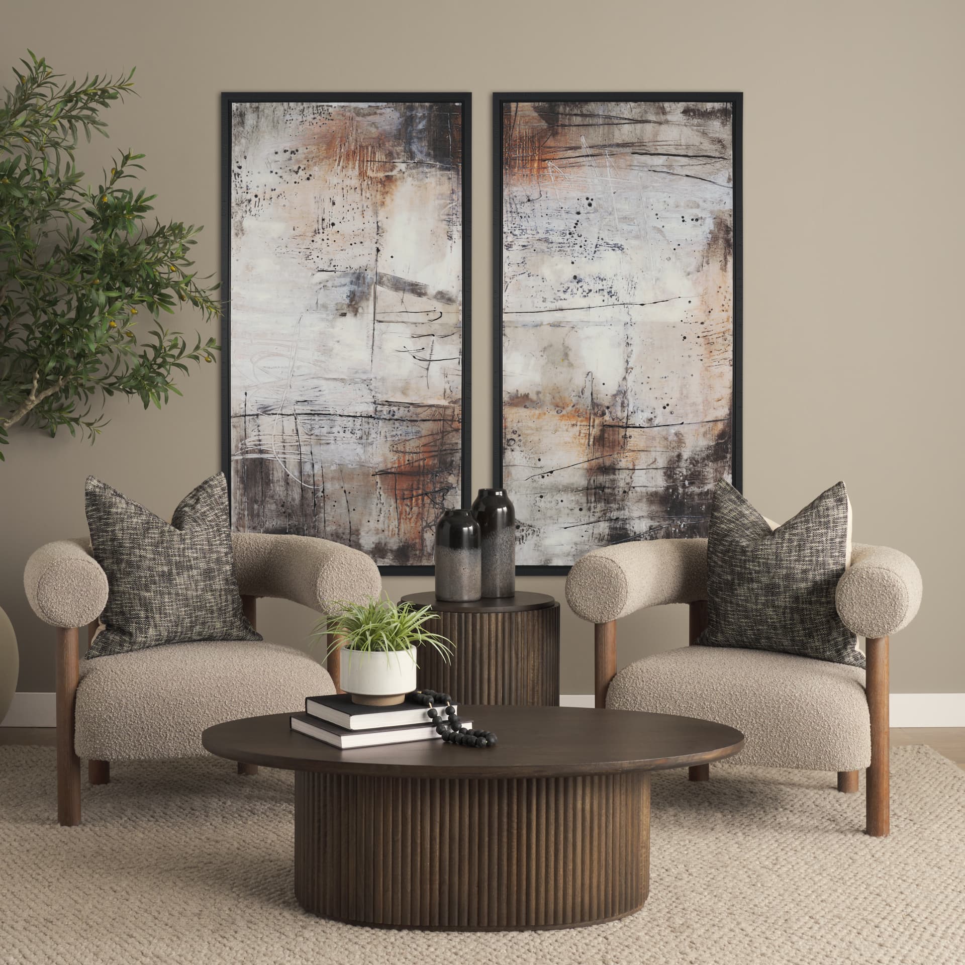 Gianna Open Back Medium Brown Wood w/ Taupe Boucle Fabric Accent Chair — product photograph
