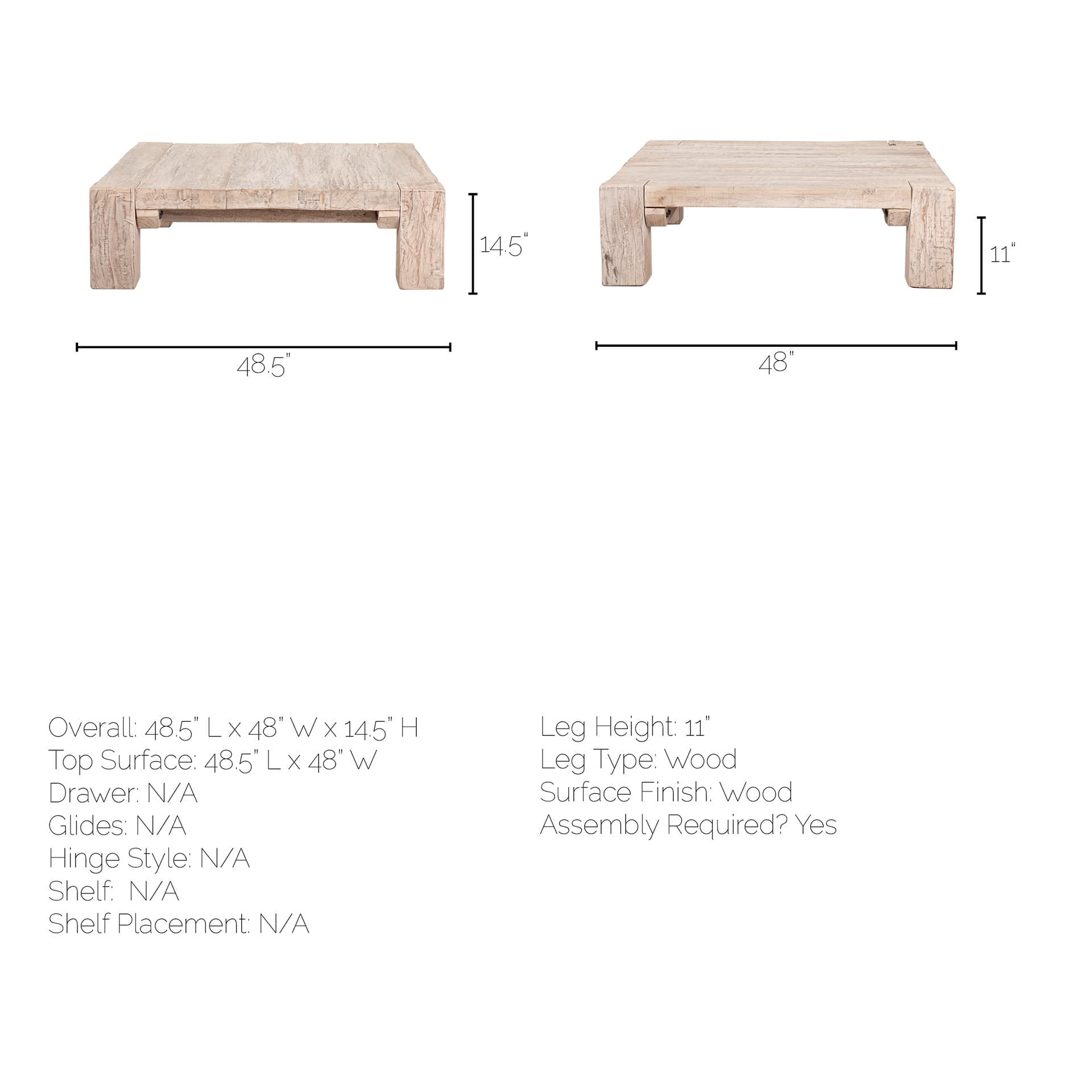 McArthur 48x48 Square Reclaimed Solid Wood Coffee Table — product photograph