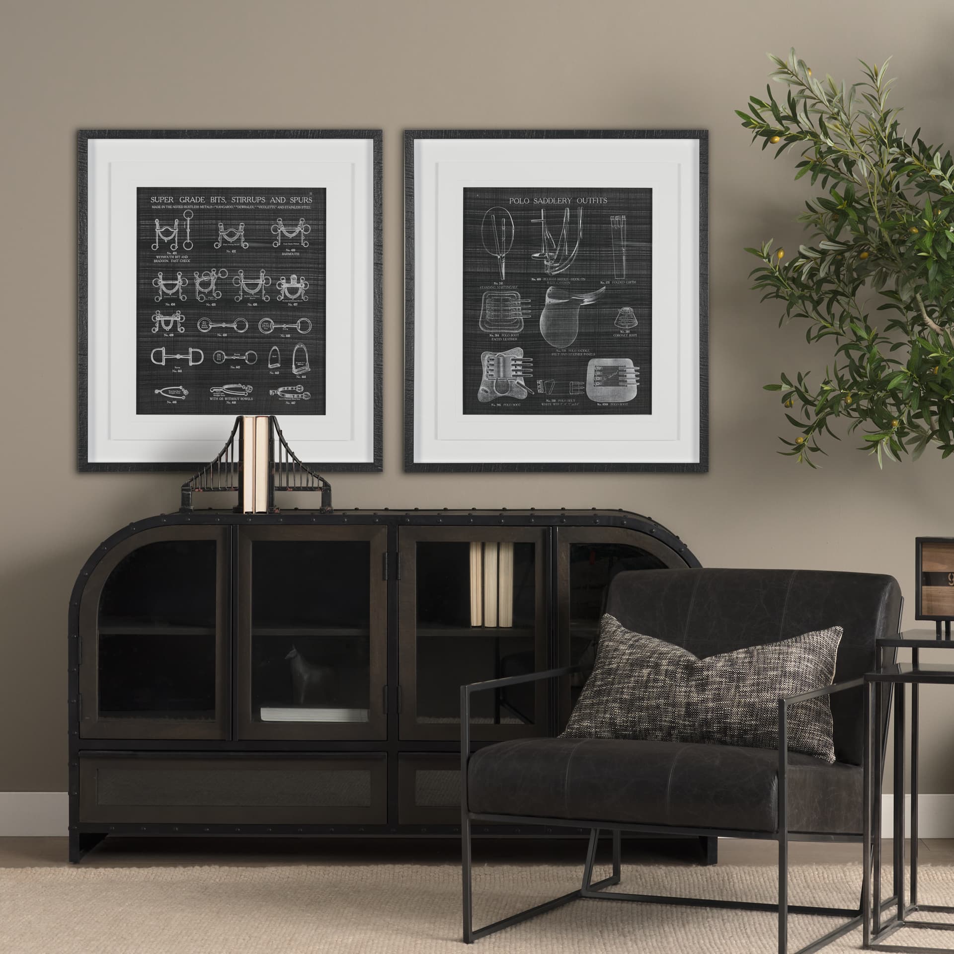 Equestrian Riding IIBW by Mercana Studio Hand Embellished Framed Art Print Matted under Glass — in a styled room