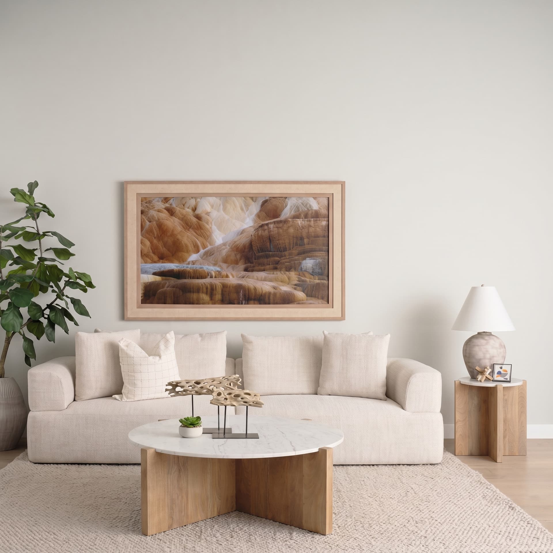 Bianca Light Brown Wood w/ Round Marble Top Coffee Table — product photograph