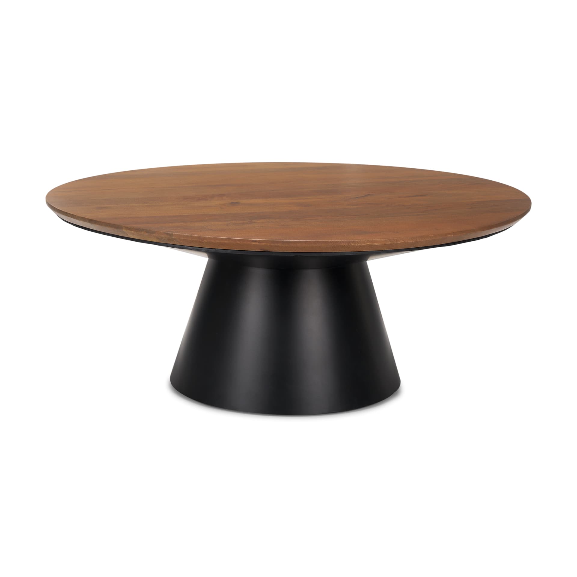 Mitchell 40.0L x 40.0W x 16.0H Black Metal Pedestal Base with Brown Wood Top Coffee Table — product photograph