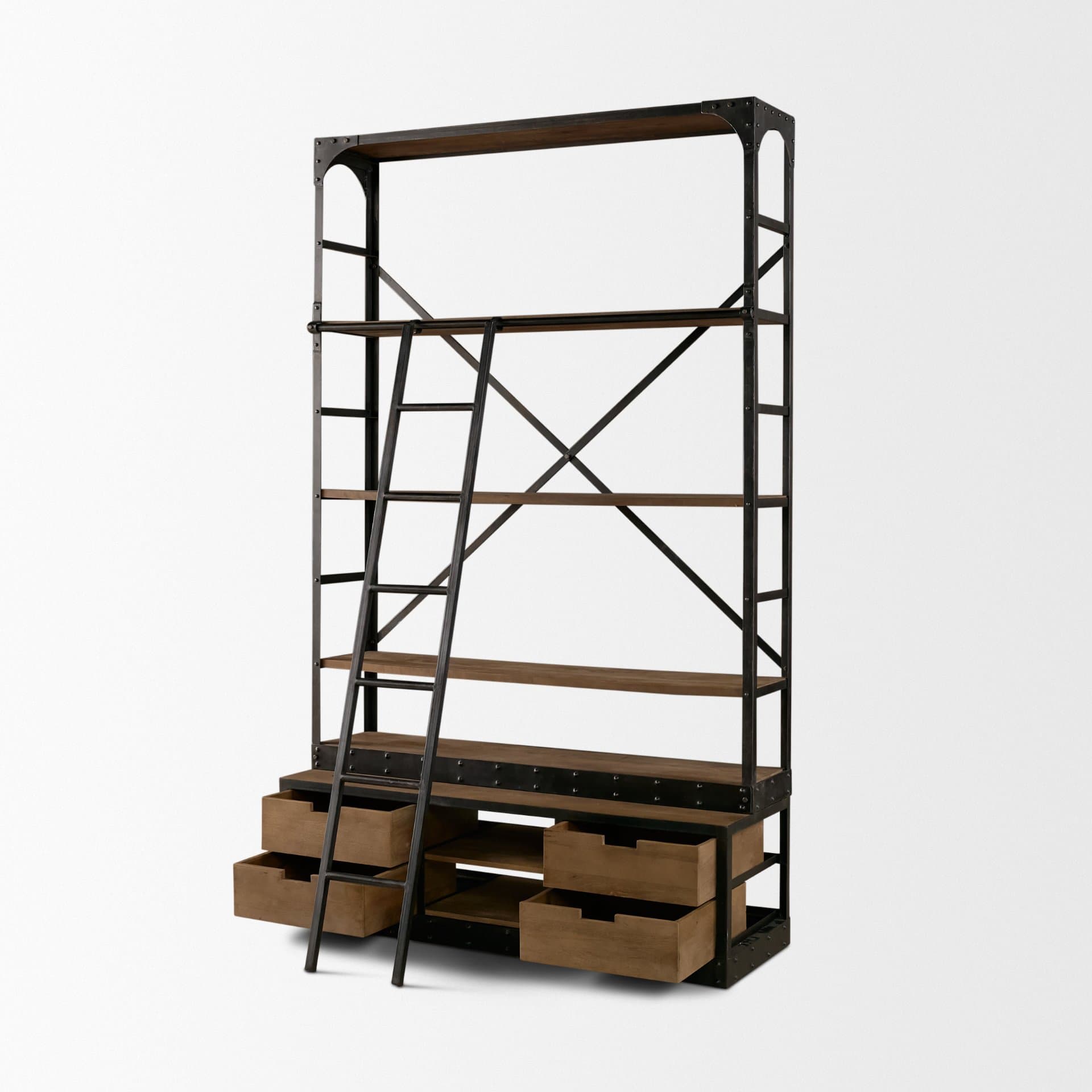 Brodie VIII 57L x 20.5W x 94H Brown Wood Gun-Metal Ladder Four Shelf Shelving Unit — product photograph