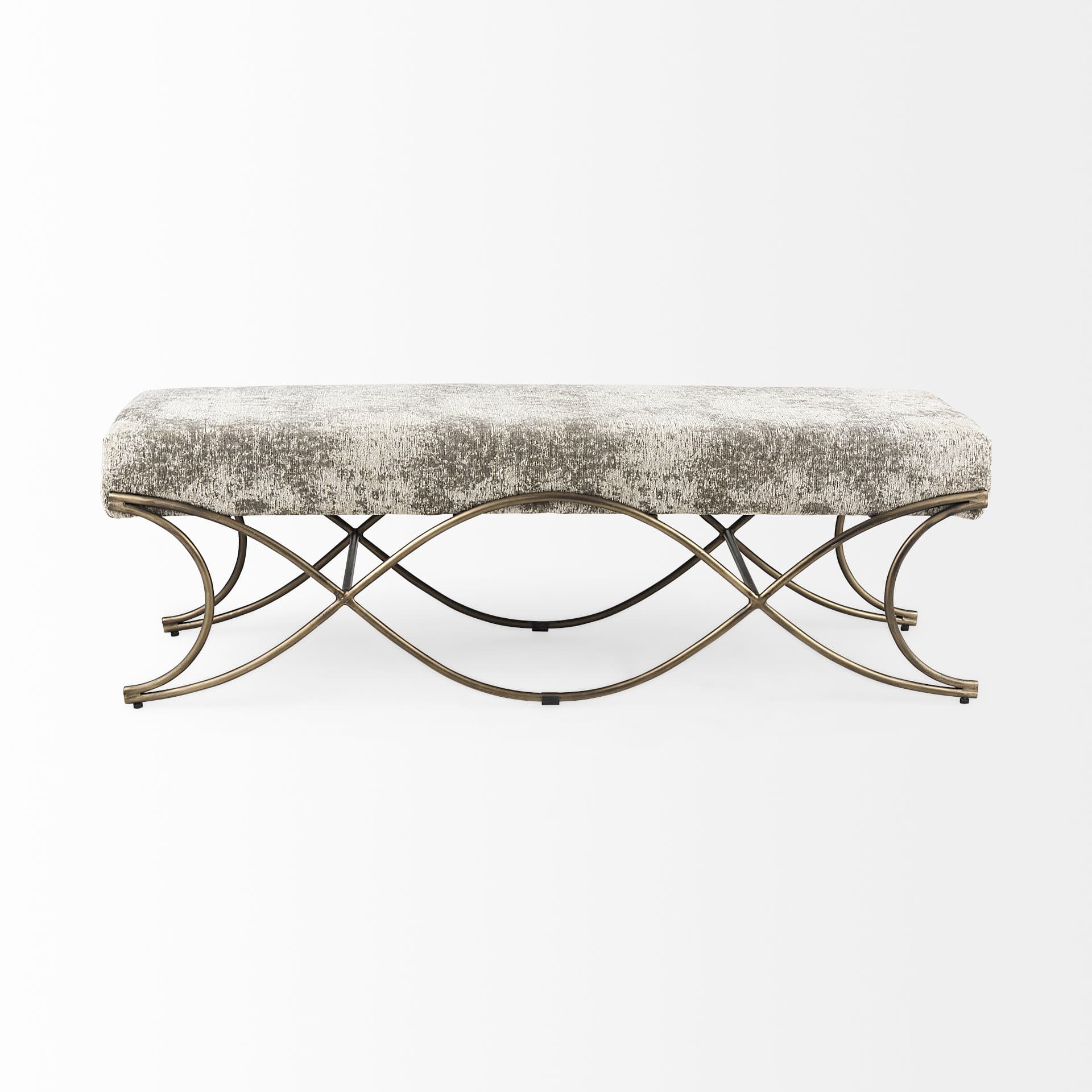 Ayla 55L x 17.6W x 18H Light and Dark Gray Fabric Seat W/ Antique Gold Metal Frame Bench — product photograph