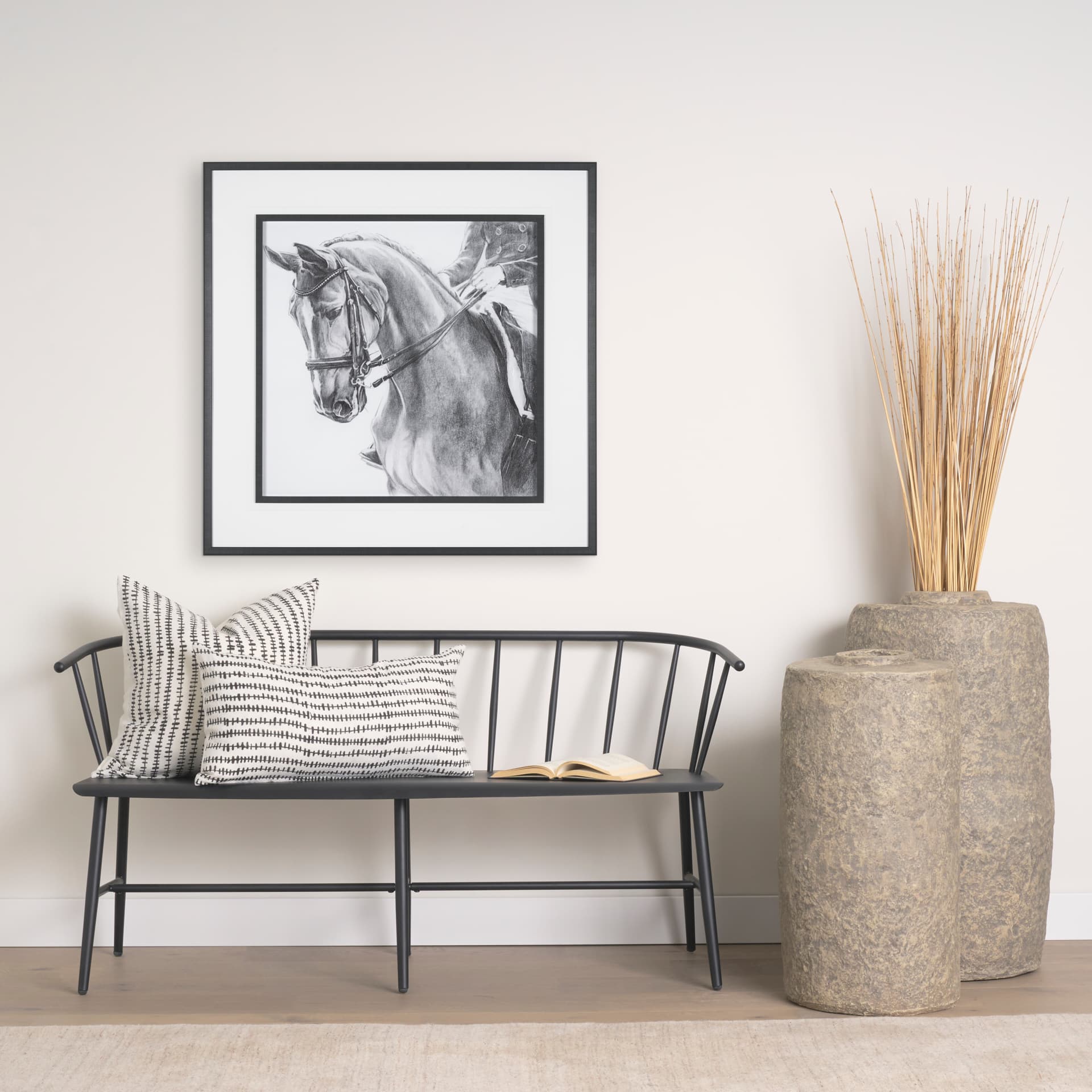 Jenna 22x22 Cream w/ Black Print Linen Square Decorative Pillow Cover — in a styled room