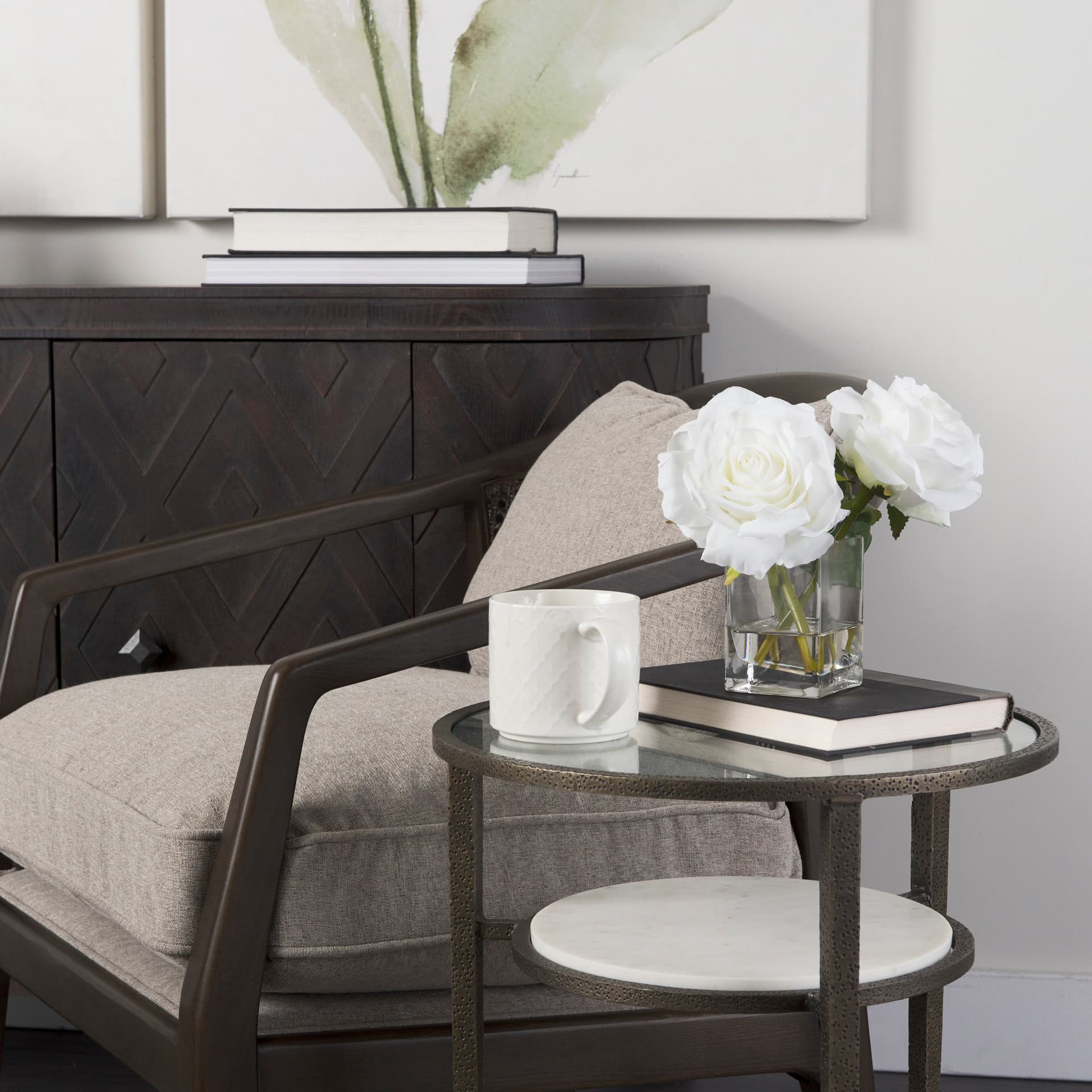 Felicity 15.8L X 15.8W X 22.5H Glass Top W/ White Marble Shelf and Antique Gold Base End/Side Table — product photograph
