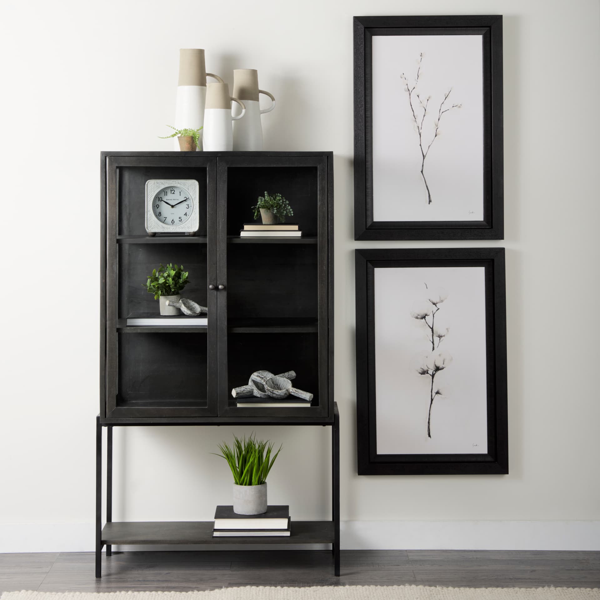 Arelius 36L x 18.75W x 63H Black-Brown Wood W/ Black Metal Base Display Cabinet — product photograph