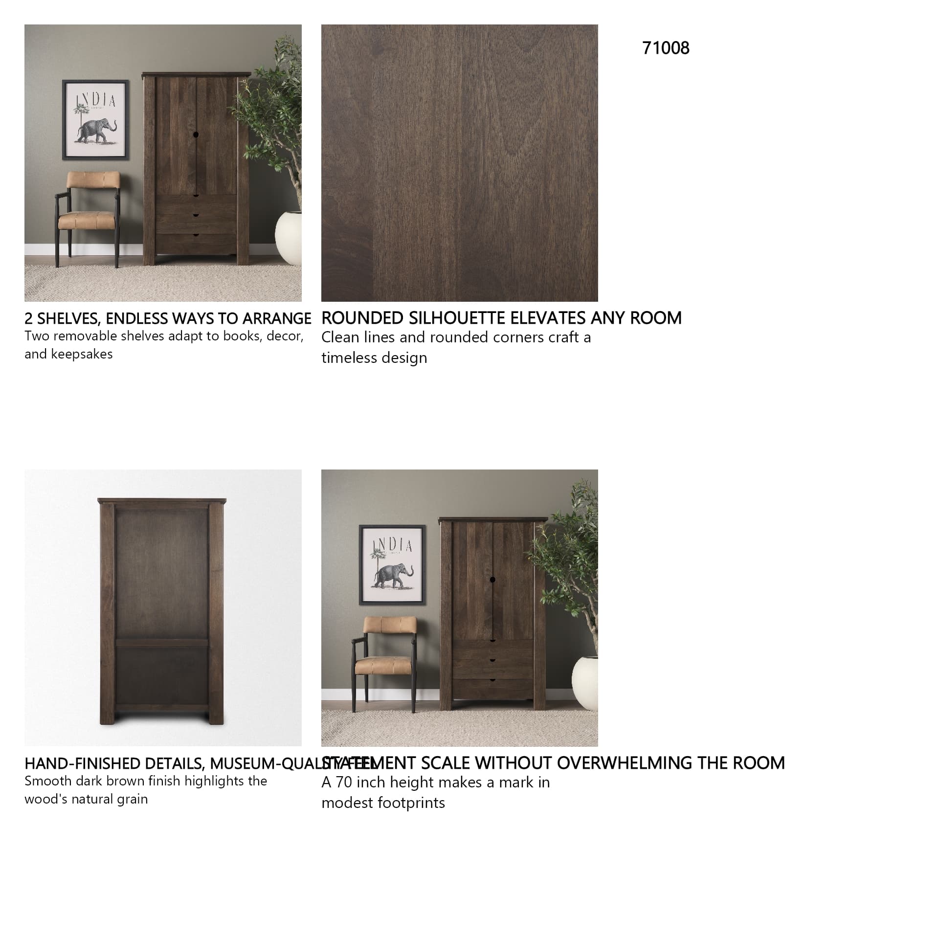 Wallen Solid Dark Brown Wood Curio Cabinet — in a styled room