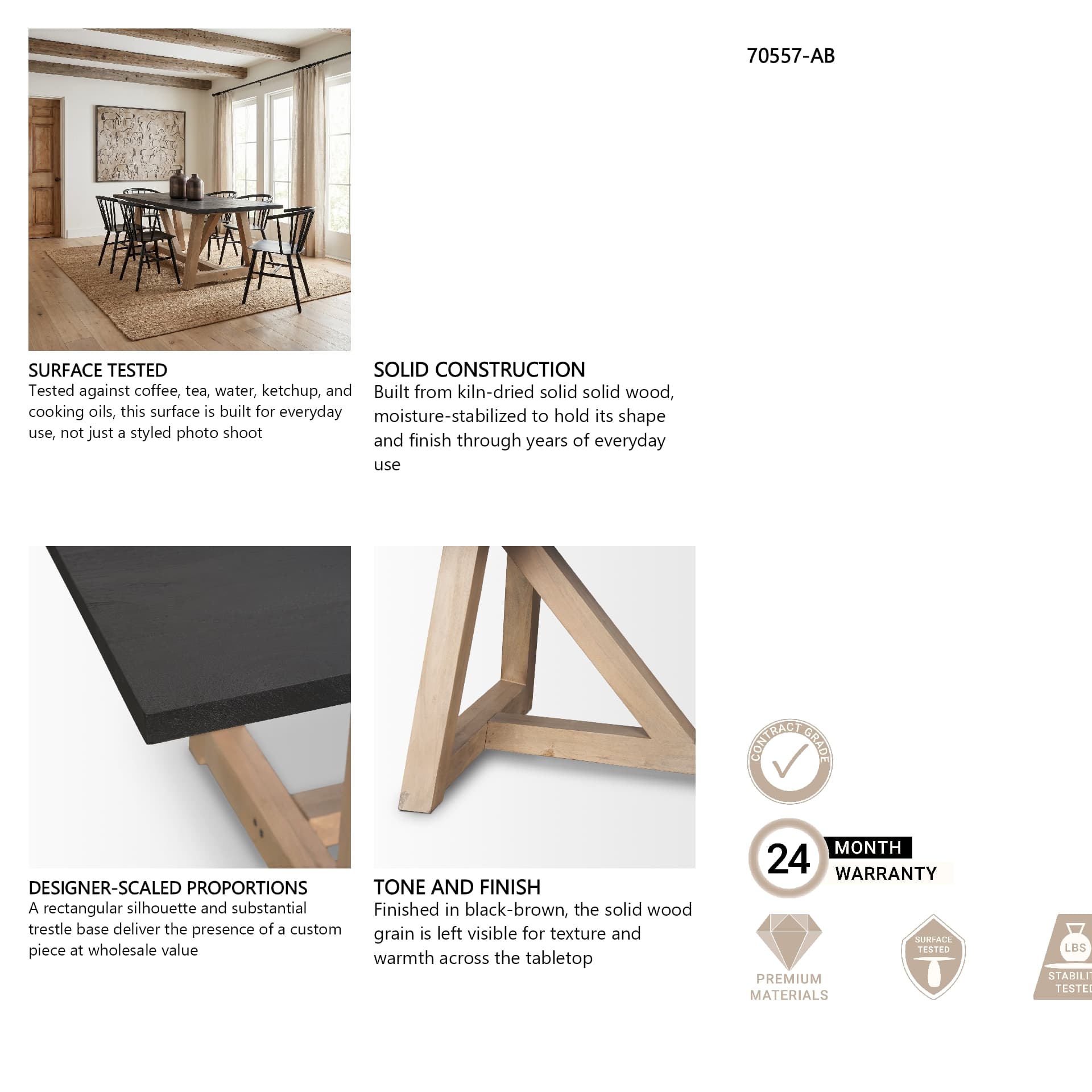 Rialto 84"L x 42"W Rectangular Trestle Dining Table | Black-Brown Wood & Light Brown Wood | Seats 8 — product photograph