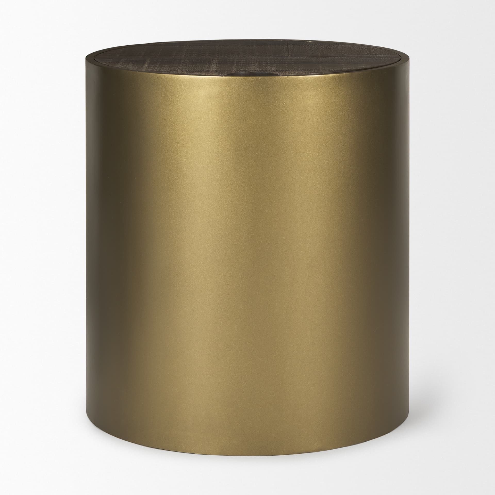 Eclipse Antique Brass Metal Drum Base w/ Dark Brown Wood Top End/Side Table — product photograph