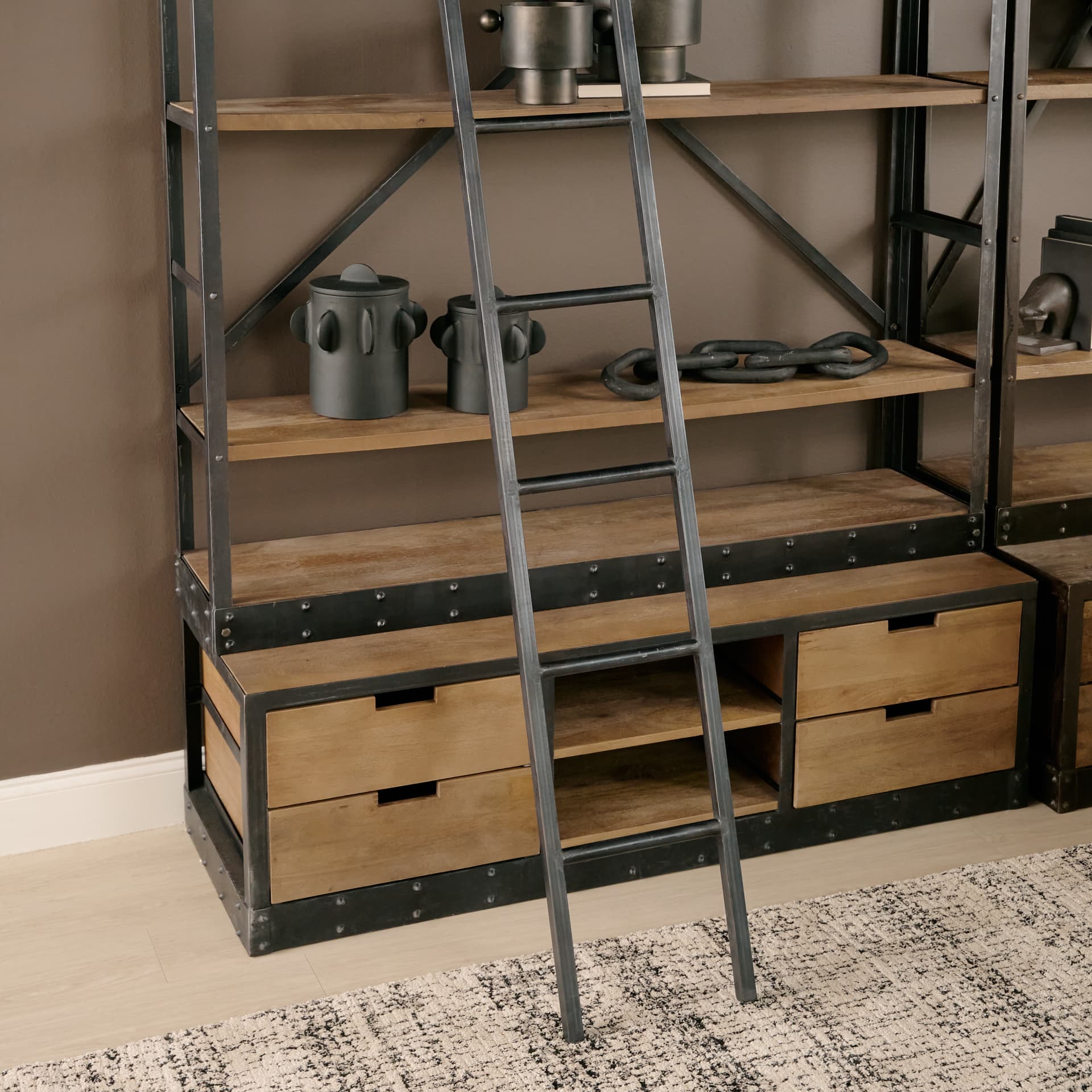 Brodie VIII 57L x 20.5W x 94H Brown Wood Gun-Metal Ladder Four Shelf Shelving Unit — product photograph