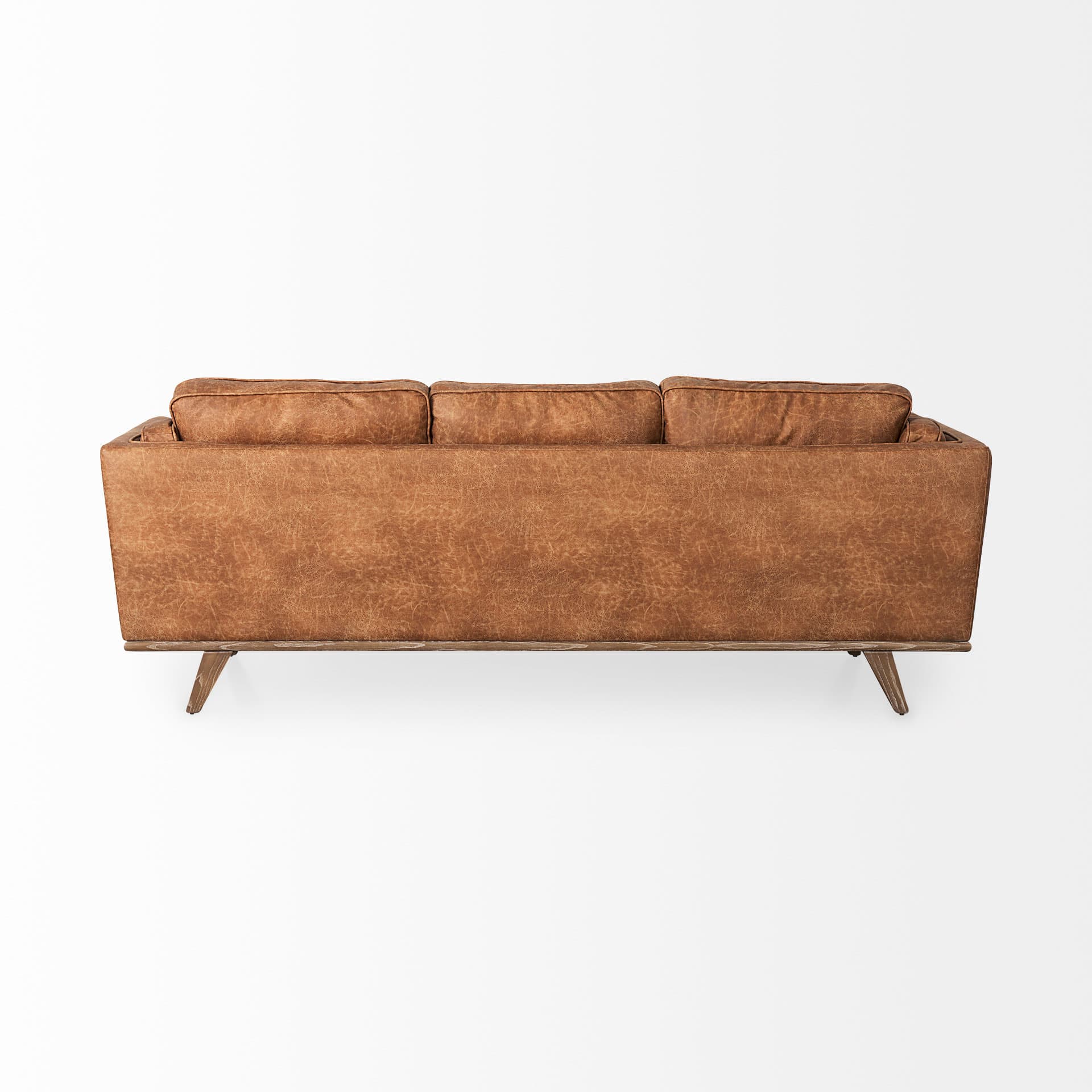 Brooks 90.2L x 34.8W x 33.5H Cognac Brown Faux Leather Three Seater Sofa W/ Medium Brown Wooden Legs — product photograph