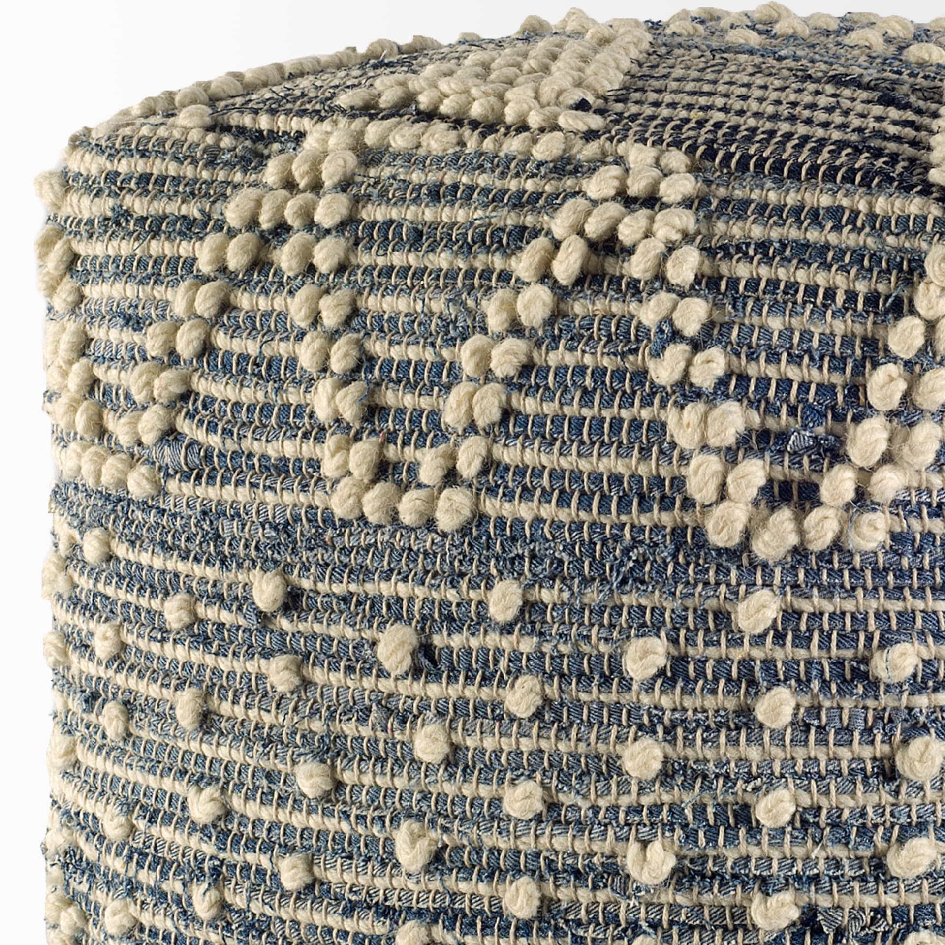 Rofi Blue Denim and Cream Cotton Stitched Square Pouf — product photograph
