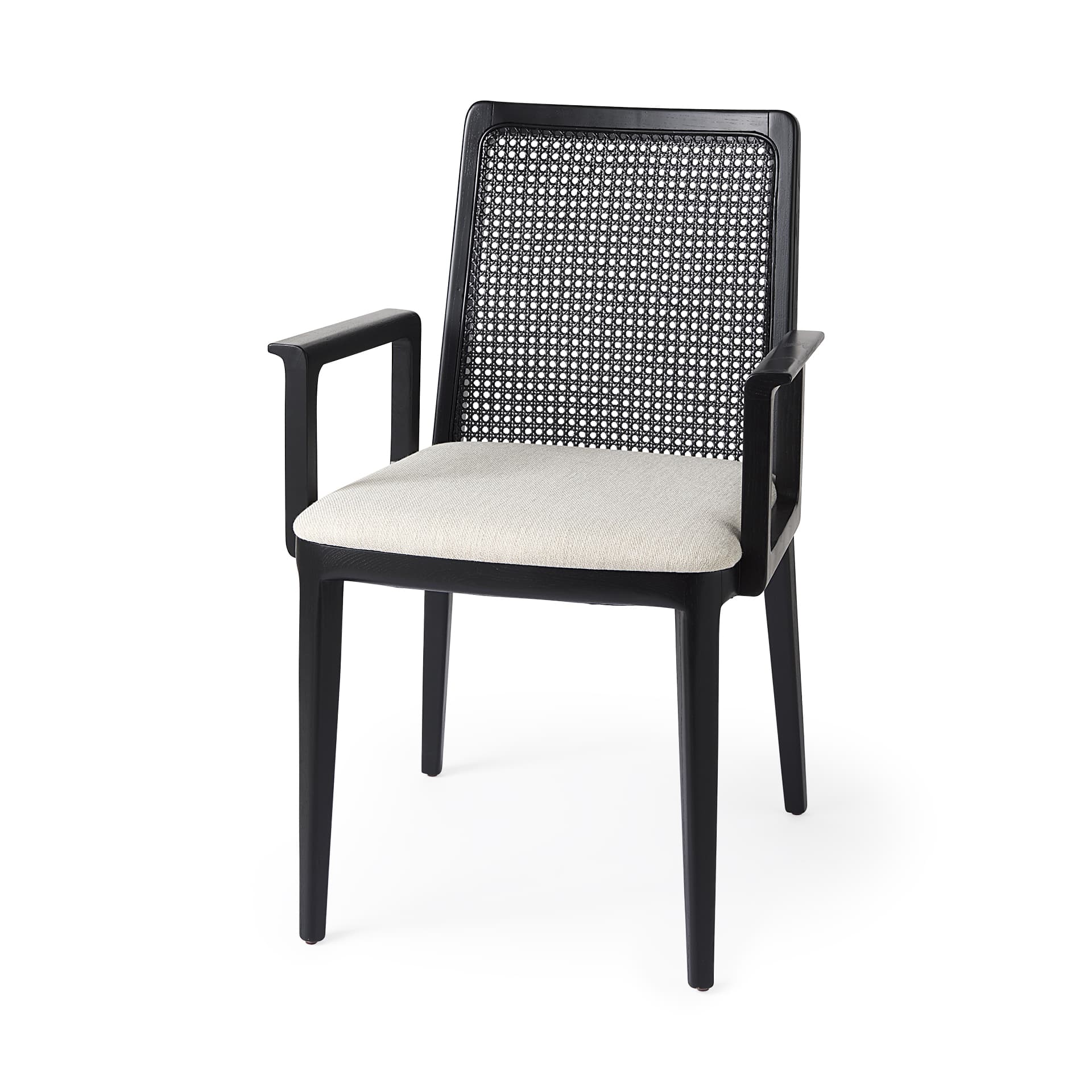 Clara Cane Back Dining Arm Chair | Cream Fabric w/ Black Wood — product photograph