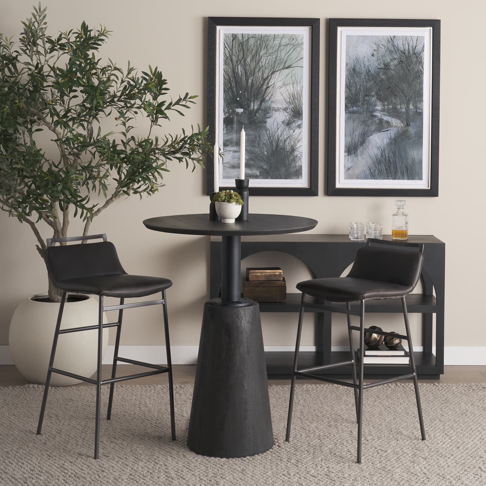 Kavalan Low Back 37.5in Seat Bar Stool | Ebony Leather w/ Black Metal — in a styled room
